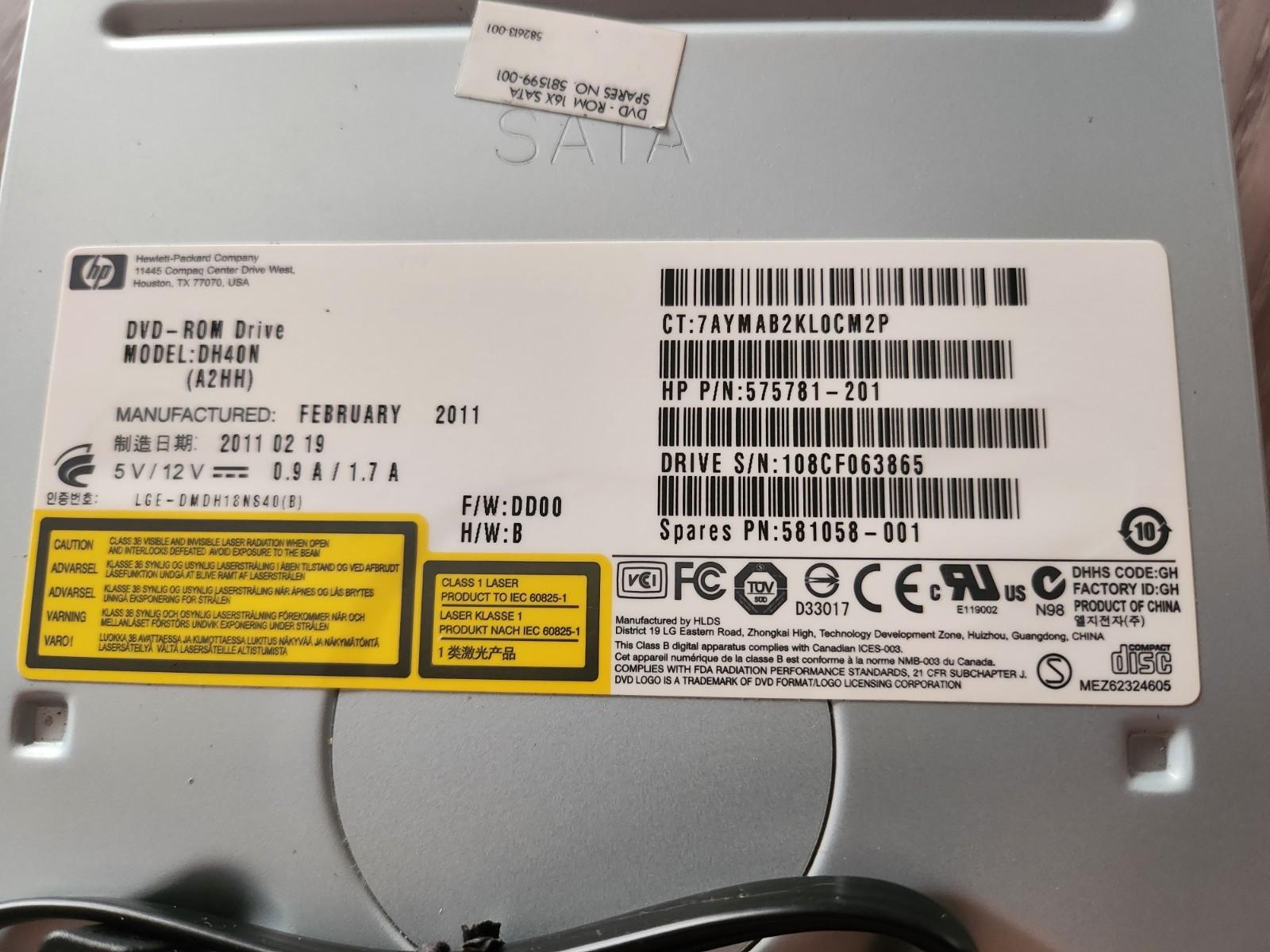 HP HEWLETT PACKARD DVD-ROM SATA DRIVE MODEL DH40N TESTED 