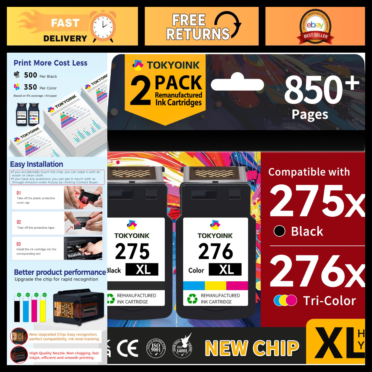 High-Capacity Ink Cartridges 275XL 276XL Replacement for Canon - 2 Pack
