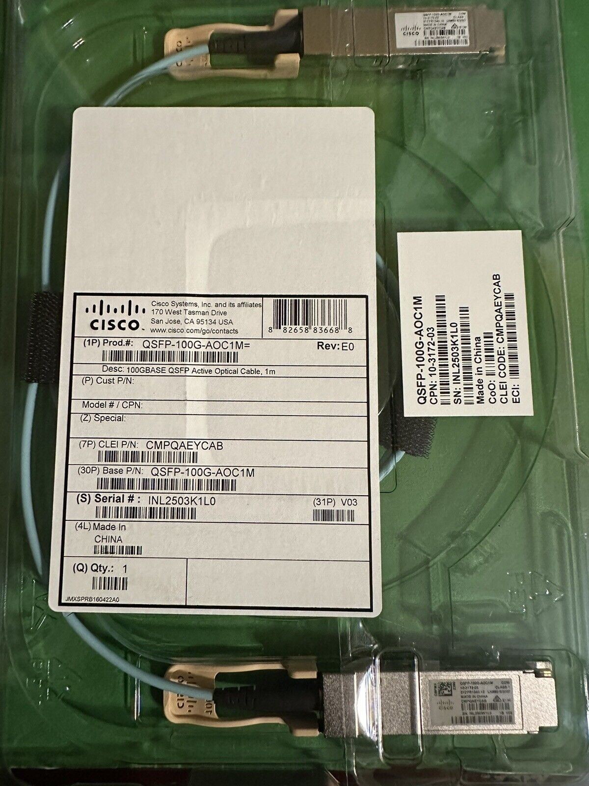 Cisco Original QSFP-100G-AOC1M= 100GBASE. Active Optical Cable NEW W/ HOLOGRAM