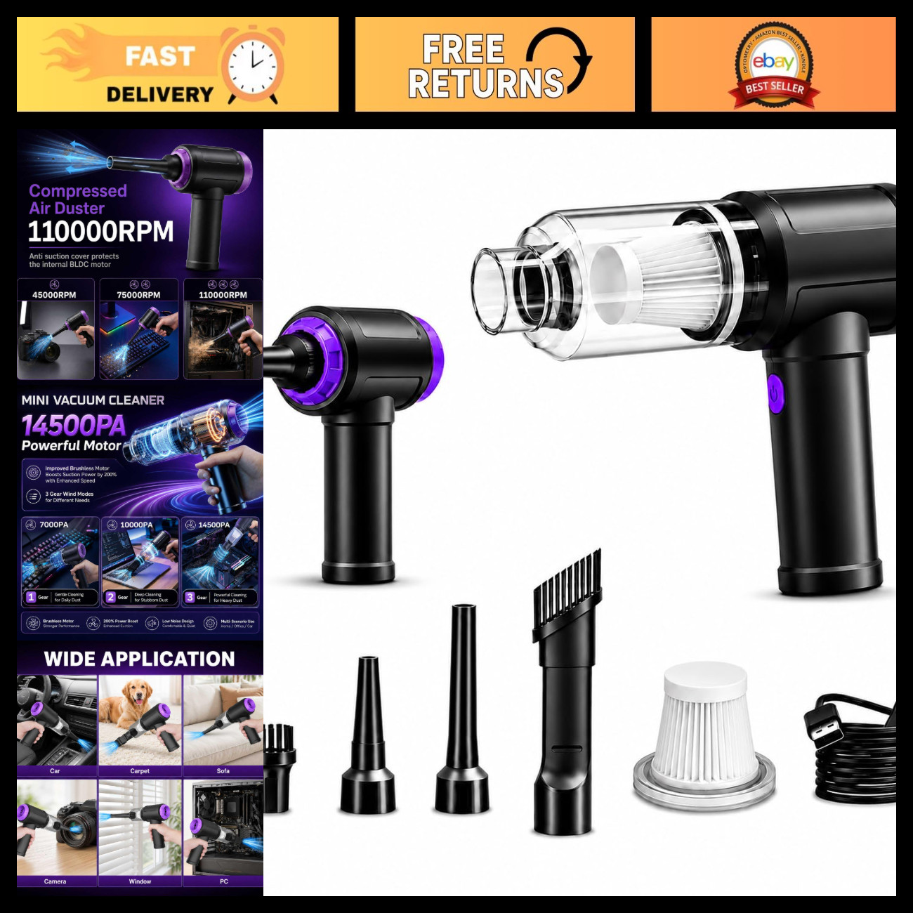 Powerful 3-in-1 Keyboard Vacuum Cleaner & Electric Air Duster, 14.5KPA, USB Dust