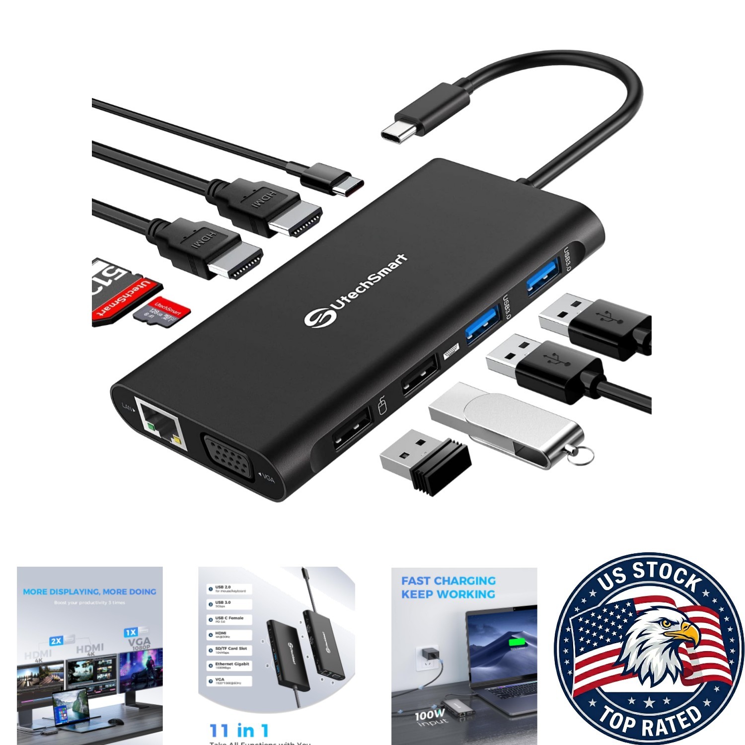 Versatile USB-C Laptop Dock with Triple Monitor Support - HDMI, VGA, & Ethernet