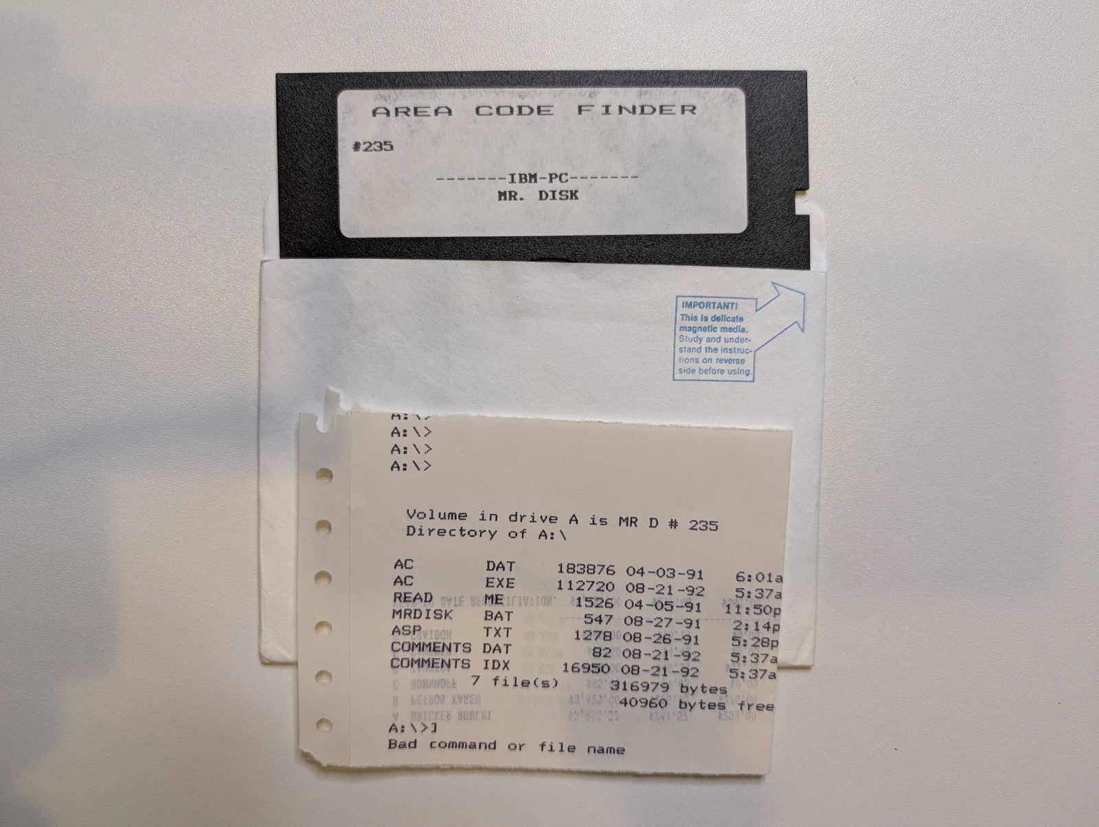 Mr. Disk Shareware #235 - Area Code Finder - Vintage 5.25" Disk for DOS, Tandy