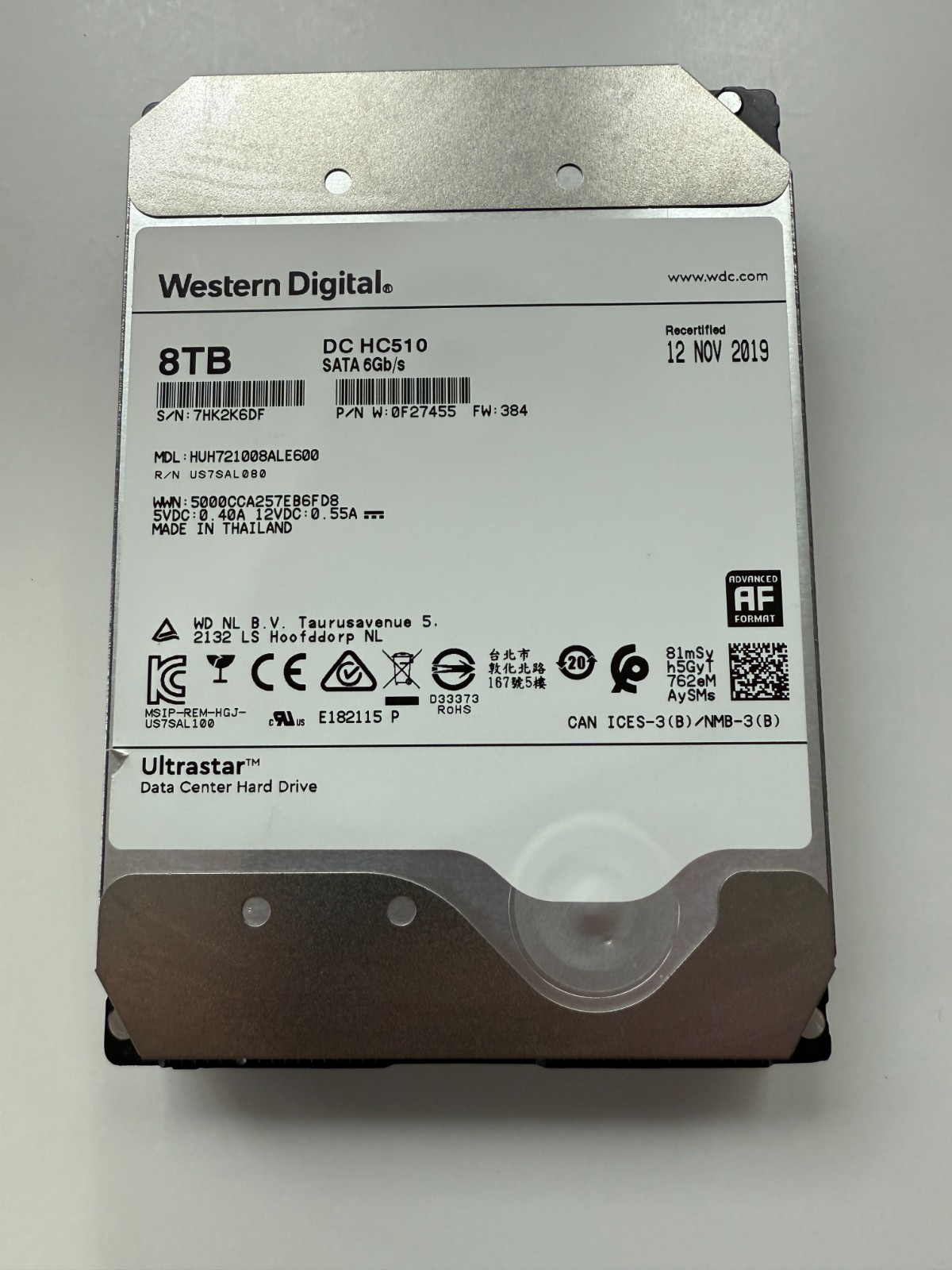 WD Ultrastar 8TB 7.2K RPM SATA 6Gb/s 256MB 3.5" HDD HUH721008ALE600 AF DC HC510