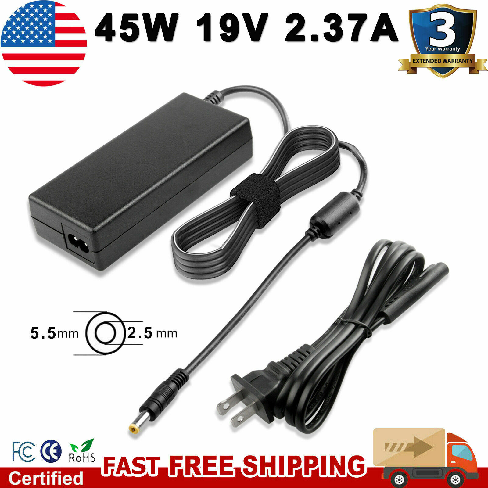 AC Adapter Charger for Toshiba PA5177U-1ACA 19V 2.37A 45W Laptop Power Supply US