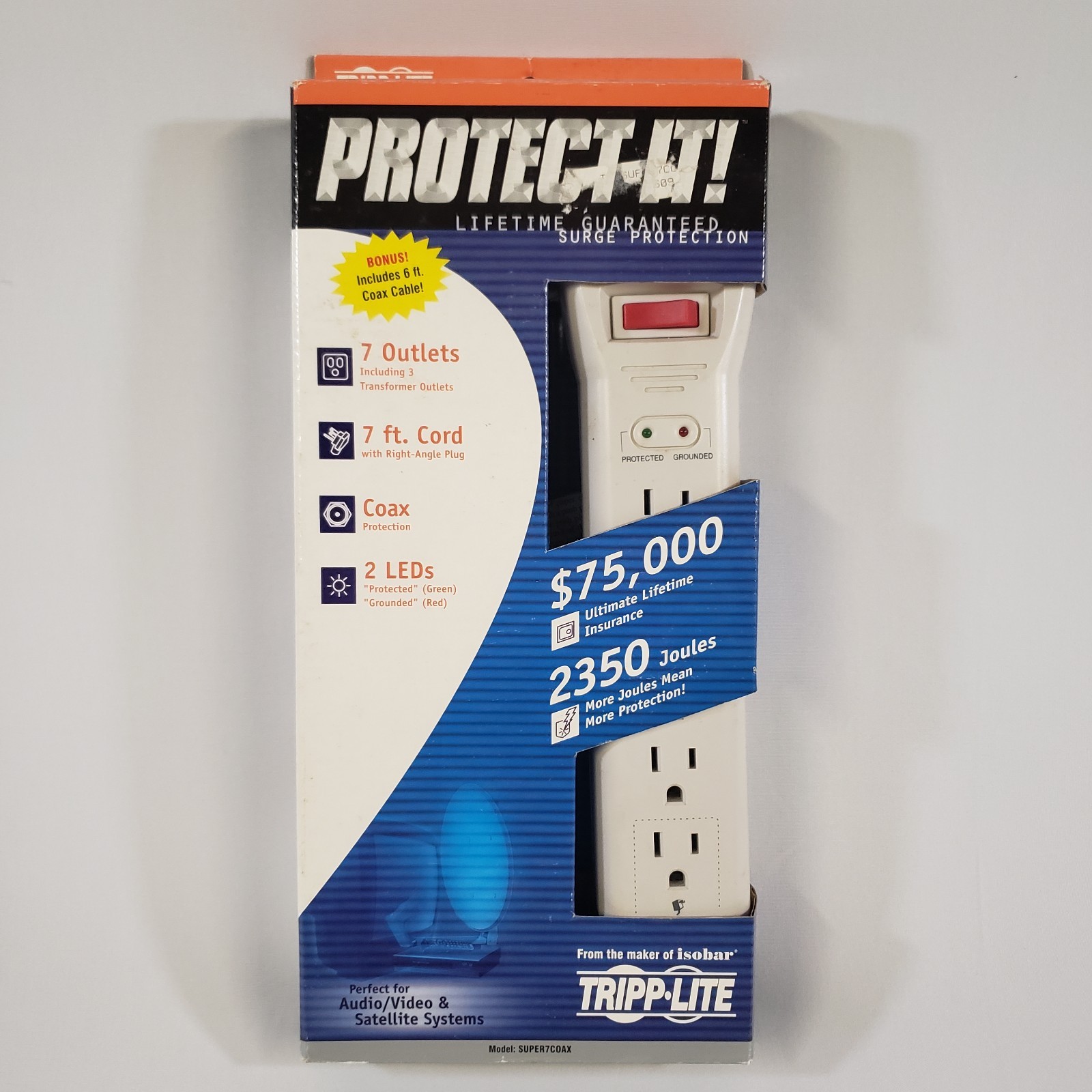 Tripp Lite super7coax 7‑Outlet Surge Protector 2350Joules 7ft Cord NEW