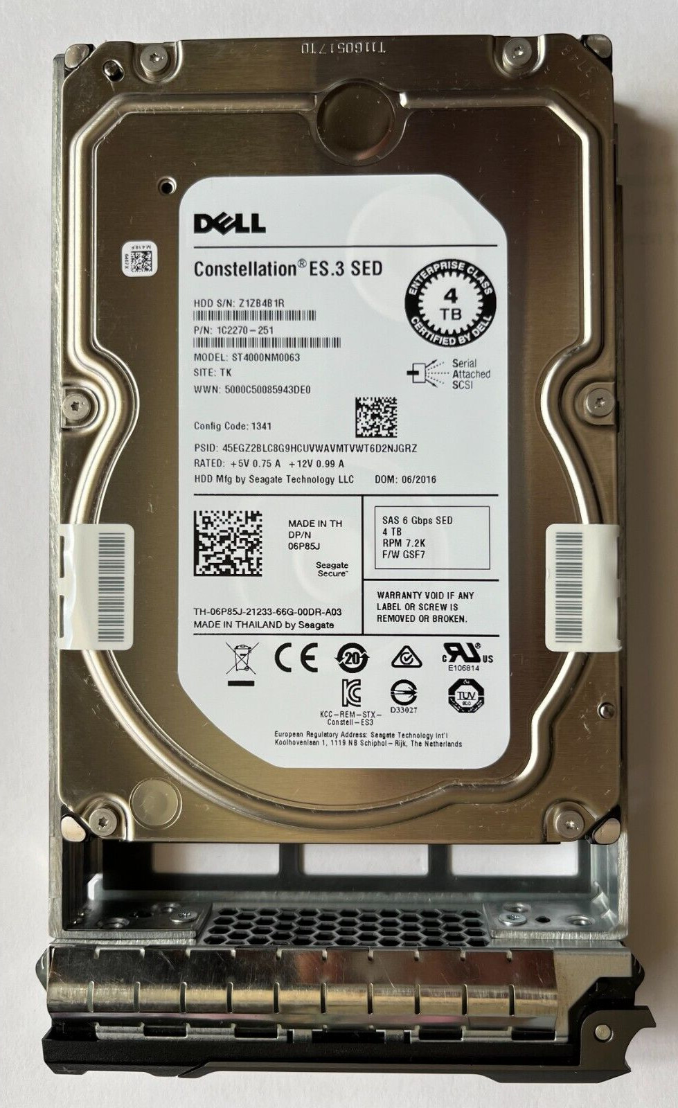 6P85J DELL SEAGATE ST4000NM0063 4TB 7.2K RPM 6Gbs SED SAS HARD DRIVE 06P85J HDD