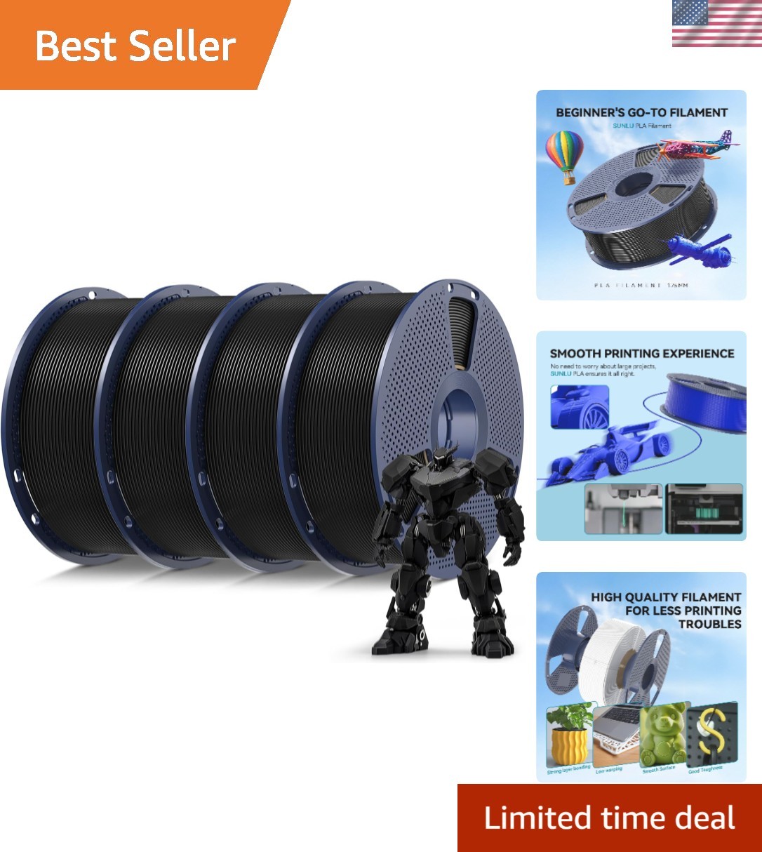 4kg PLA 3D Printer Filament - 4 Spools, 1.75mm, Dimensional Accuracy