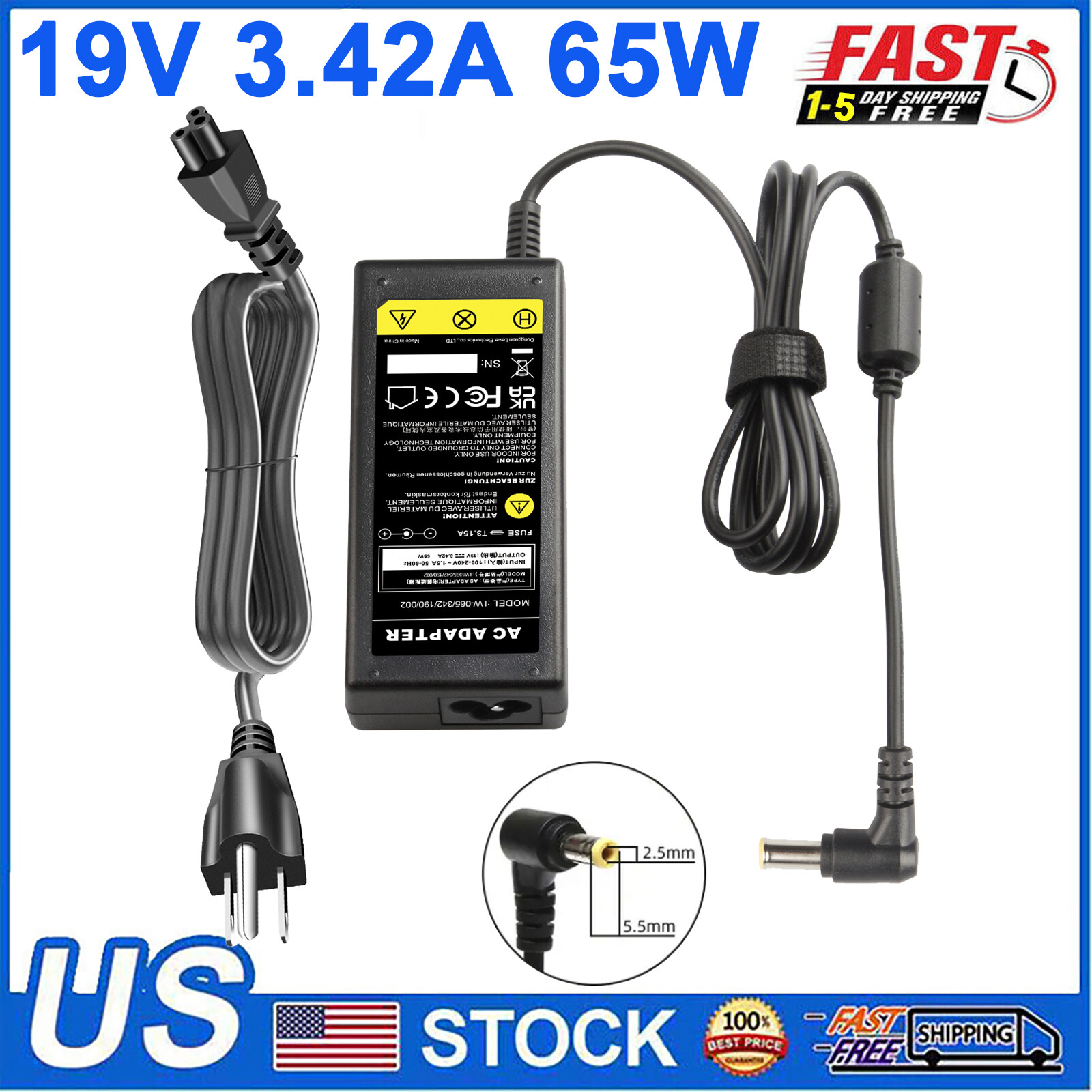 19V 2.37A Laptop Charger AC Adapter Power Cord Supply For Toshiba Satellite