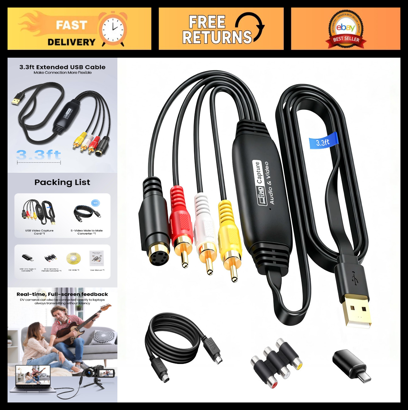 VHS to Digital Converter 3.3ft, USB Video Capture Card, RCA AV to USB Adapter, 1