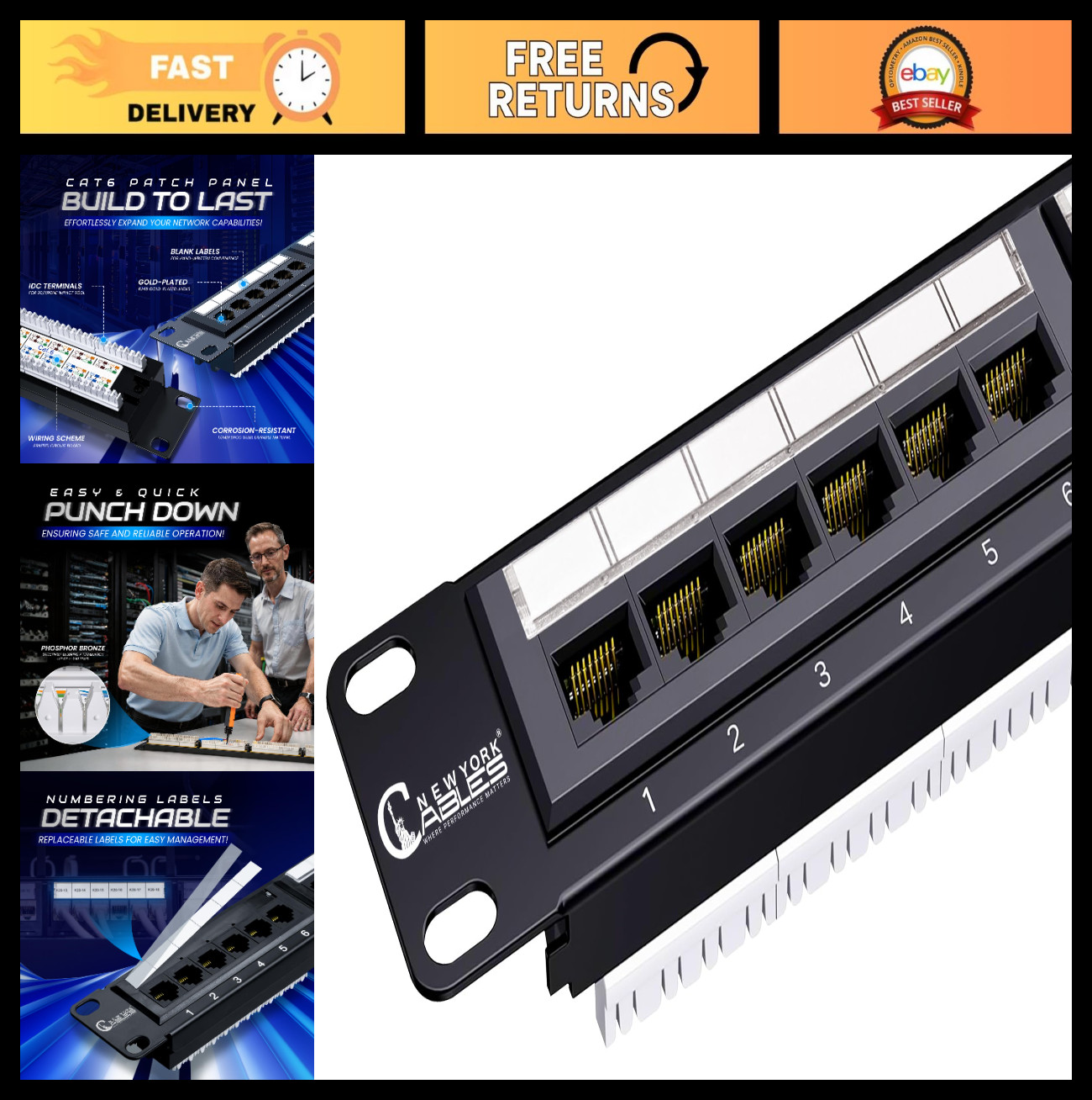 24-Port Cat6 Patch Panel 10Gb Ethernet 1U Rack Wall Mount Heavy-Duty Steel UTP