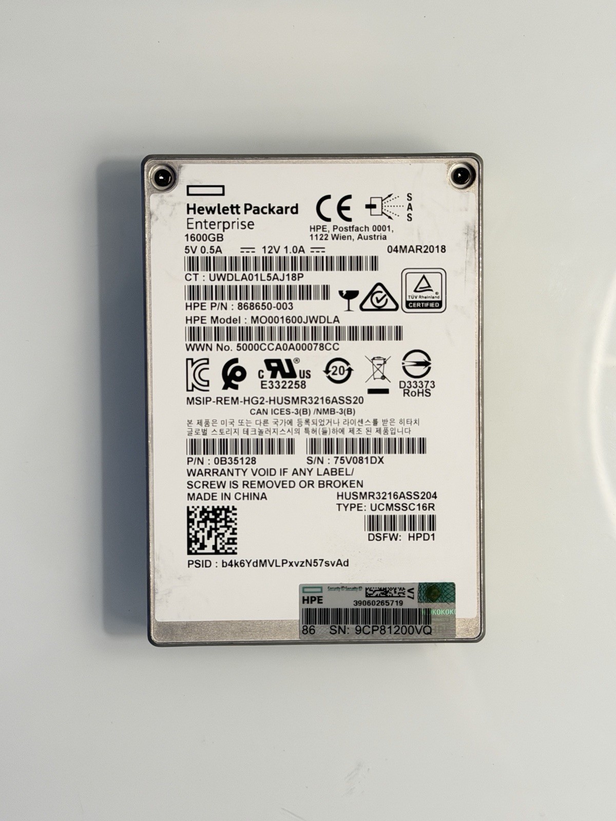 HPE 1.6TB Enterprise SAS SSD 12Gbps 93% Health Premium Drive MO001600JWDLA