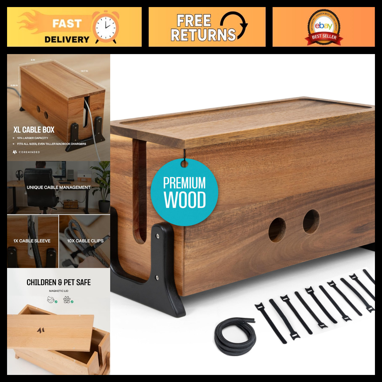 Extra Large Cord Management Box - Wood Cable Organizer for Power Strip & Wires