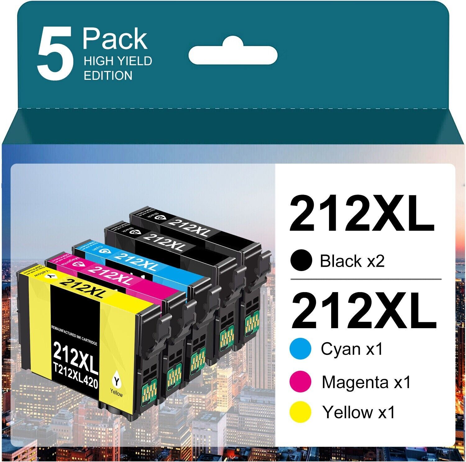 5 Pack T212XL 212 XL Replacement Ink Cartridge for XP-4105 XP-4100 WF-2830