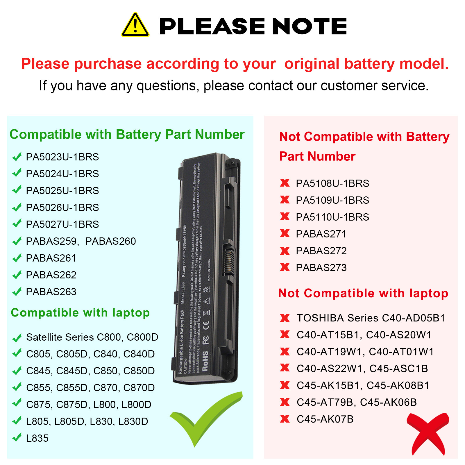 PA5109U-1BRS PA5024U-1BRS Battery For Toshiba Satellite C850 PABAS260 PABAS272