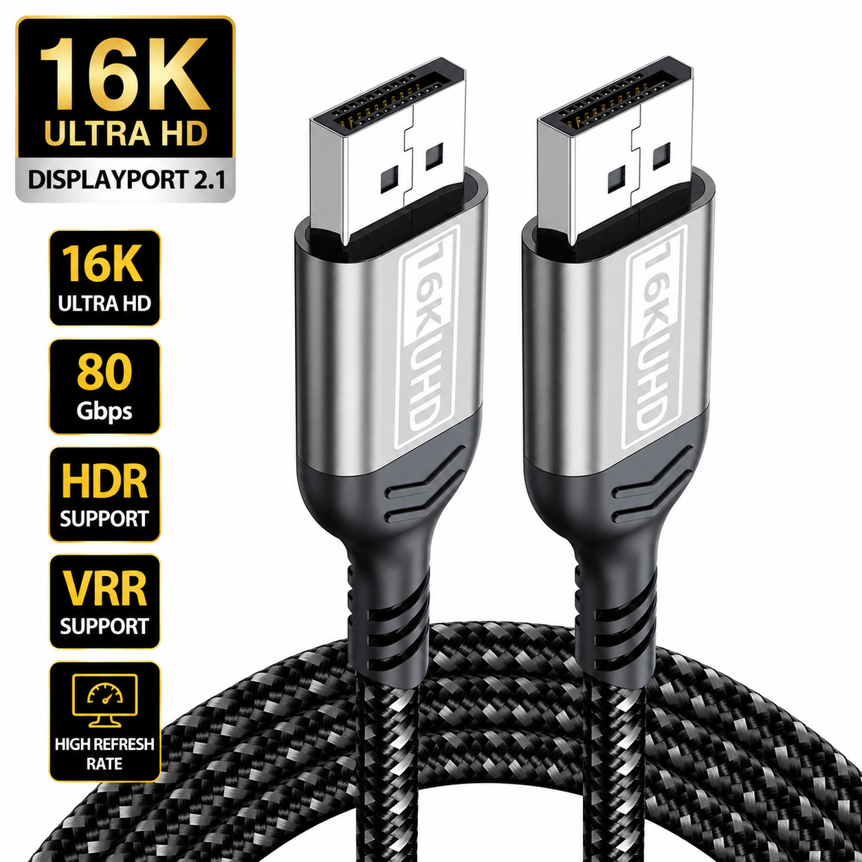 16K DisplayPort 2.1 Cable 80Gbps HDR VRR DP Cable for PC TV Xbox 1M-5M