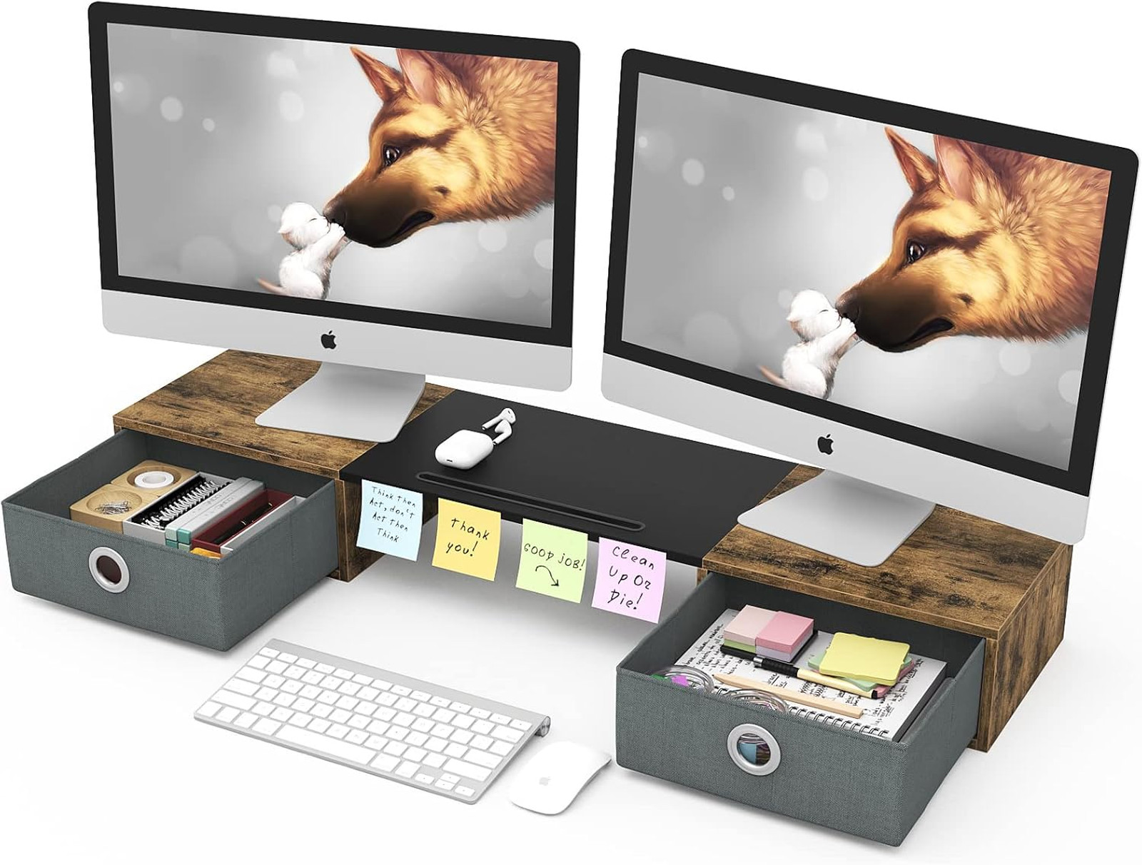 Dual Monitor Stand Riser with Drawers Extra Large Storage for Two Monitors