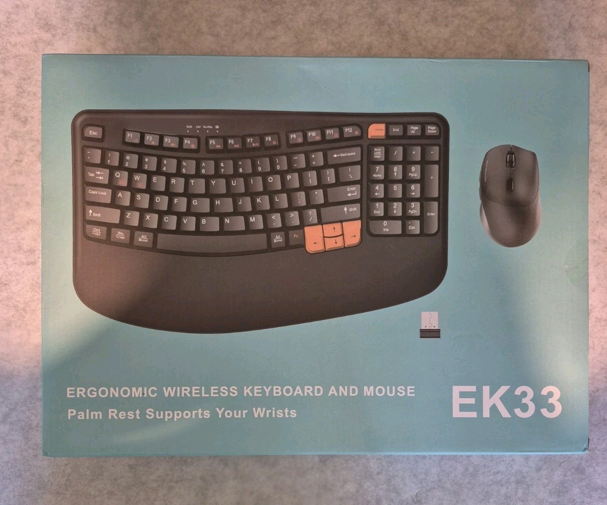 RECCAZR EK33 Ergonomic Wireless Keyboard Wrist Rest Wave Keys & Mouse .