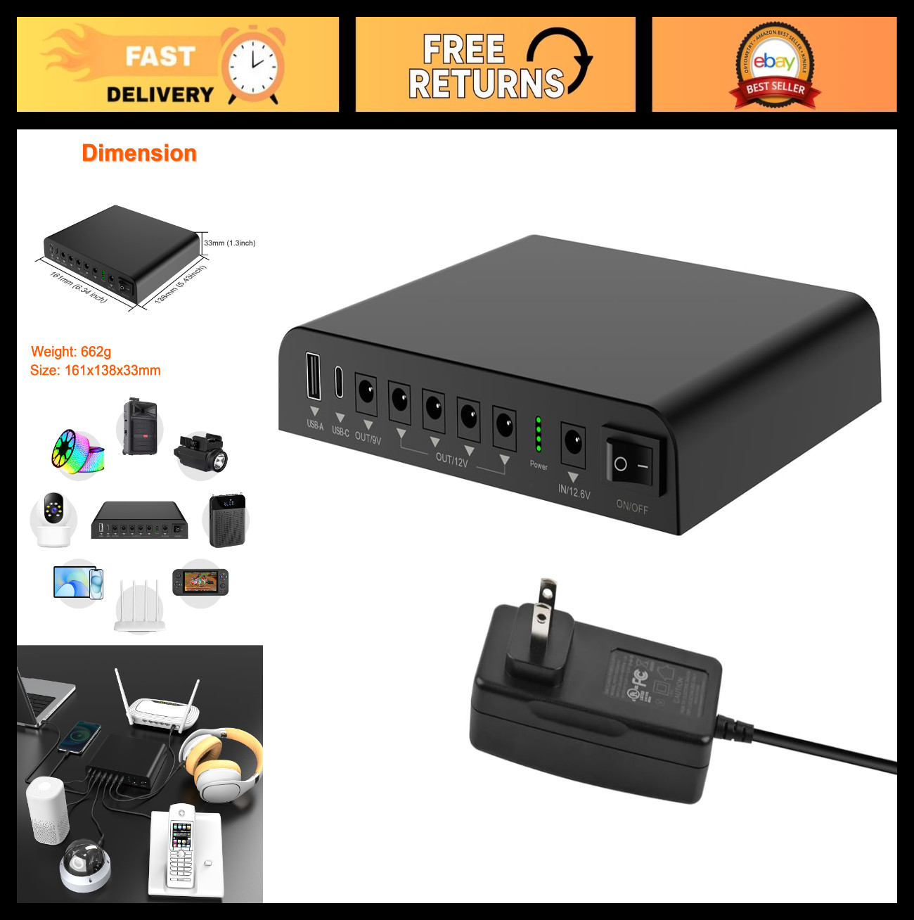 27000mAh Mini UPS Backup Battery Pack - 12V/9V DC & USB-C Power Supply for Route