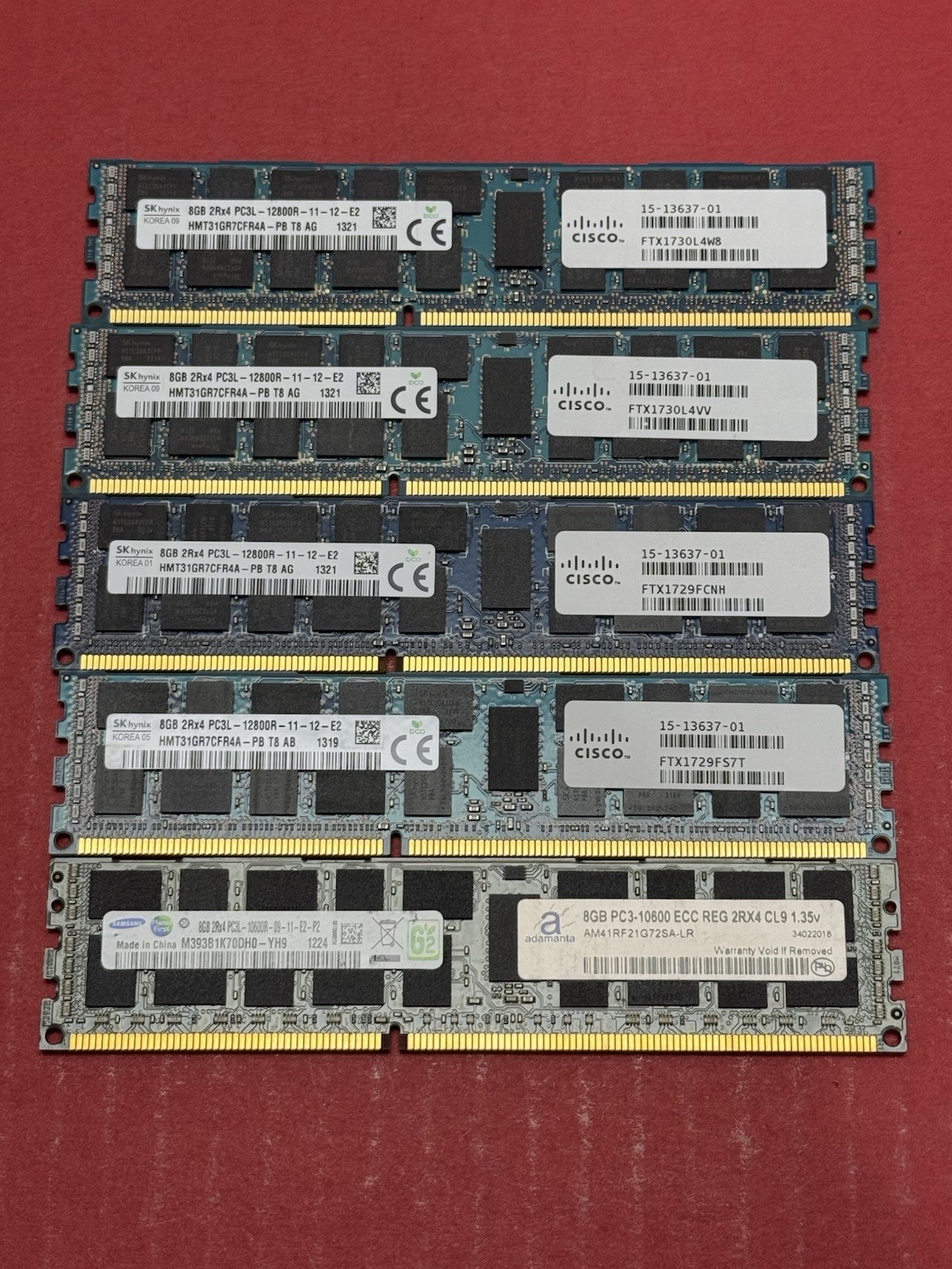 Lot Of 5 8GB 2Rx4 PC3L Server Memory 4-SK Hynix 12800R & 1 Samsung 10600R