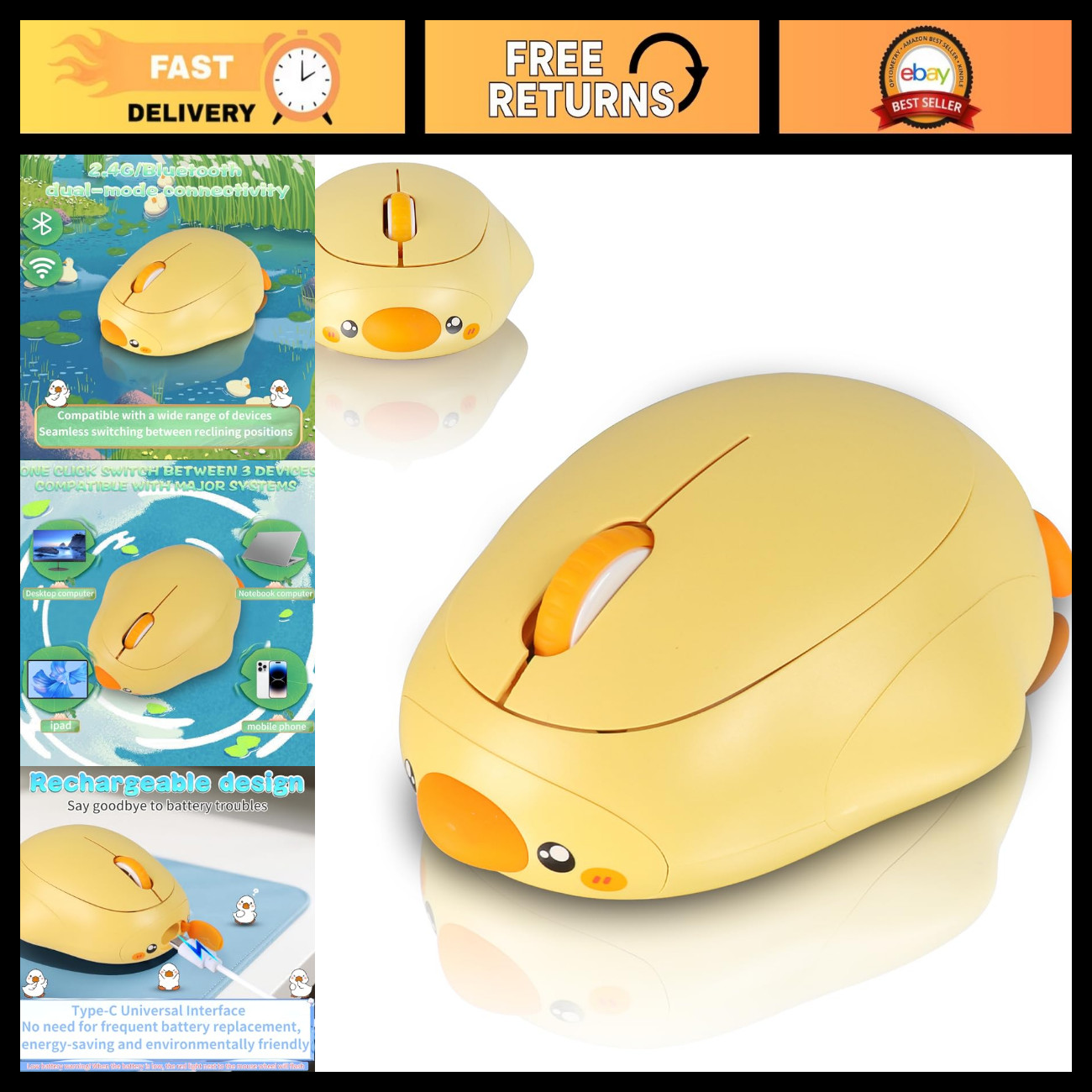 Cute Duck Wireless Bluetooth Mouse - Rechargeable, Dual Mode, Silent Scroll, 160