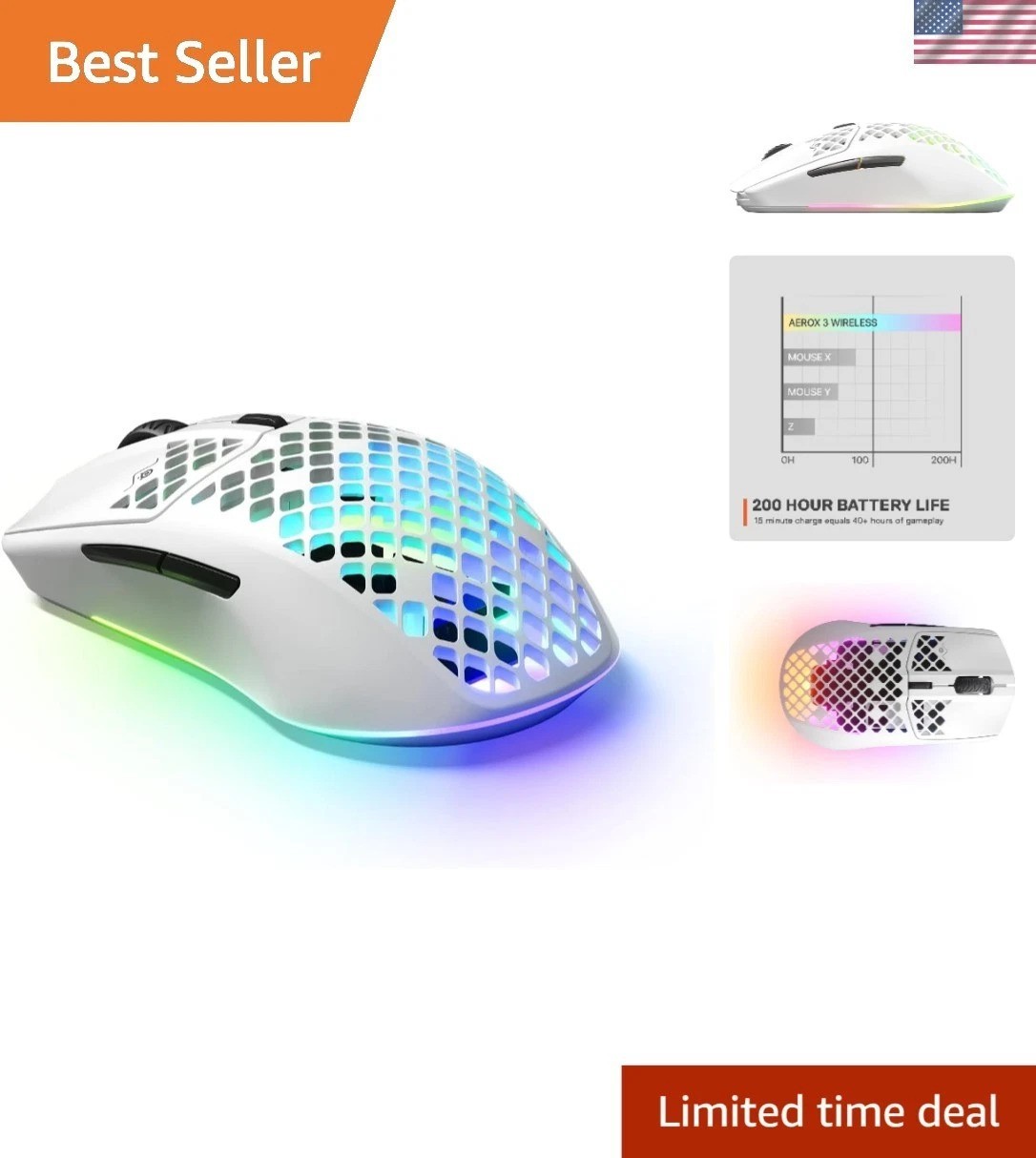 Aerox 3 - Ultra Lightweight Wireless Gaming Mouse with RGB, 68g,  Protection