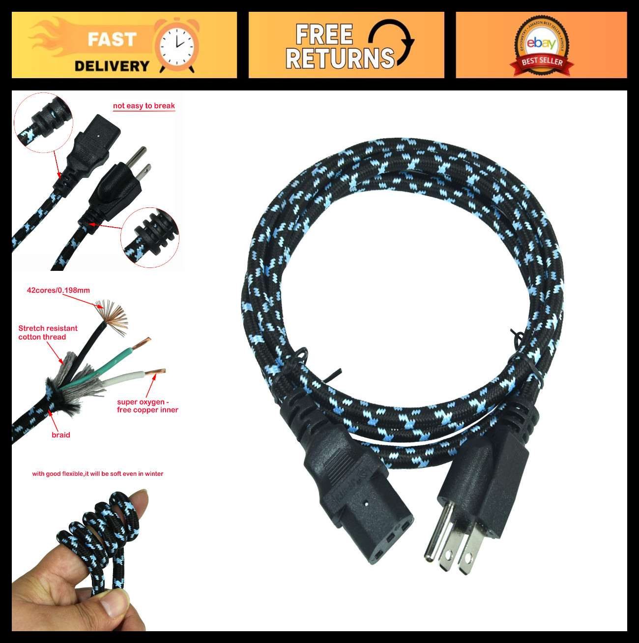 Heavy Duty 16 AWG 3 Prong Braided Power Cord - 5 Feet, Durable & Flexible