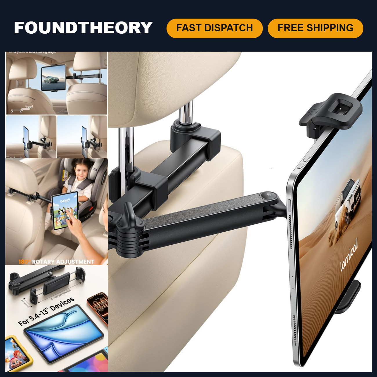 Adjustable Car Headrest Tablet Holder - Foldable Clip, Lockable Design, Universa