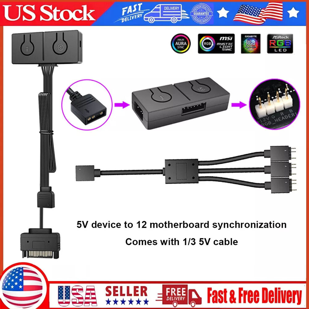 5V ARGB To 12V RGB Converter with 3-Way Splitter Sync with Motherboard Portable#