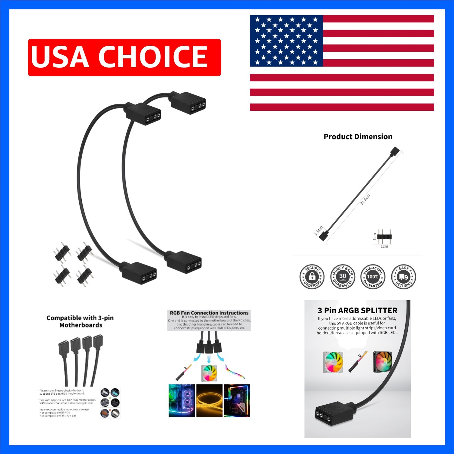 ARGB Splitter Cable, 5V 3 Pin Addressable RGB Extension Cable for Computer Ch...