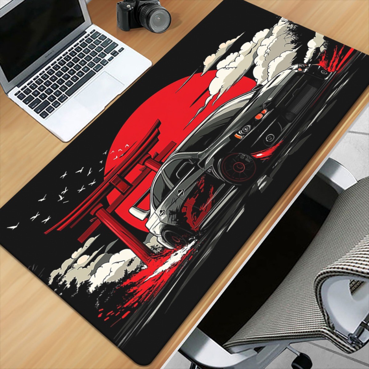 1pc Japanese Rubber Mouse Pad, Red Sunset Black Sports Car Design - Non-Slip O