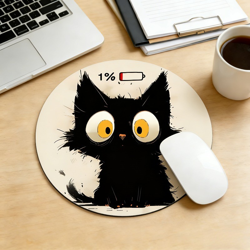 Funny 1% Battery Black Cat Round Mouse Pad Non-Slip Rubber Office Desk Mat Gift