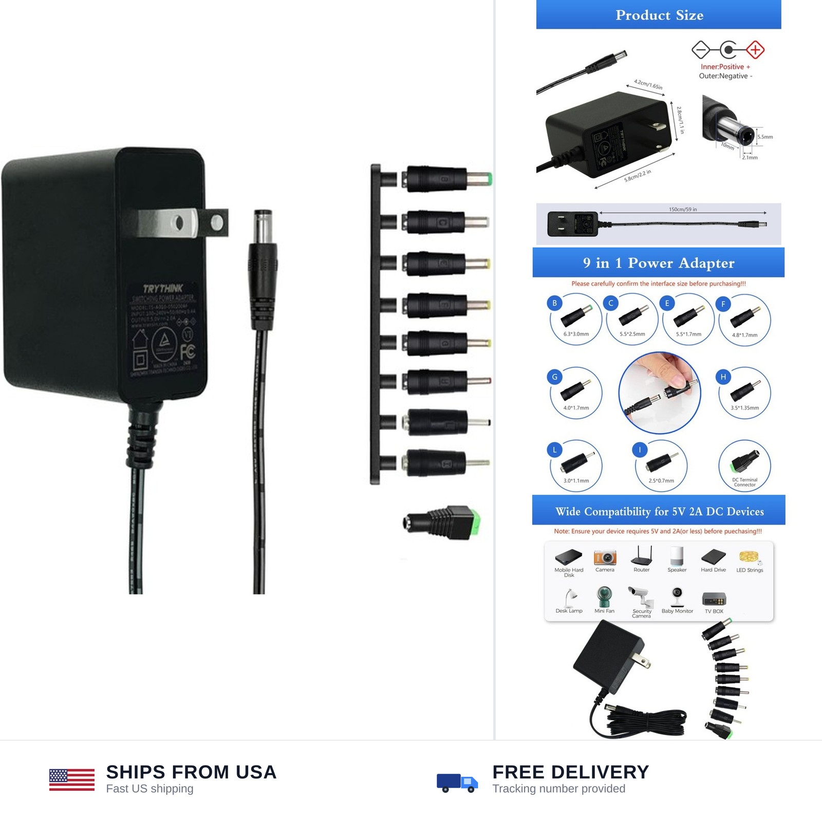 5V 2A Power Adapter 10W 9 Interchangeable DC Plugs for Baby Monitor Tablet