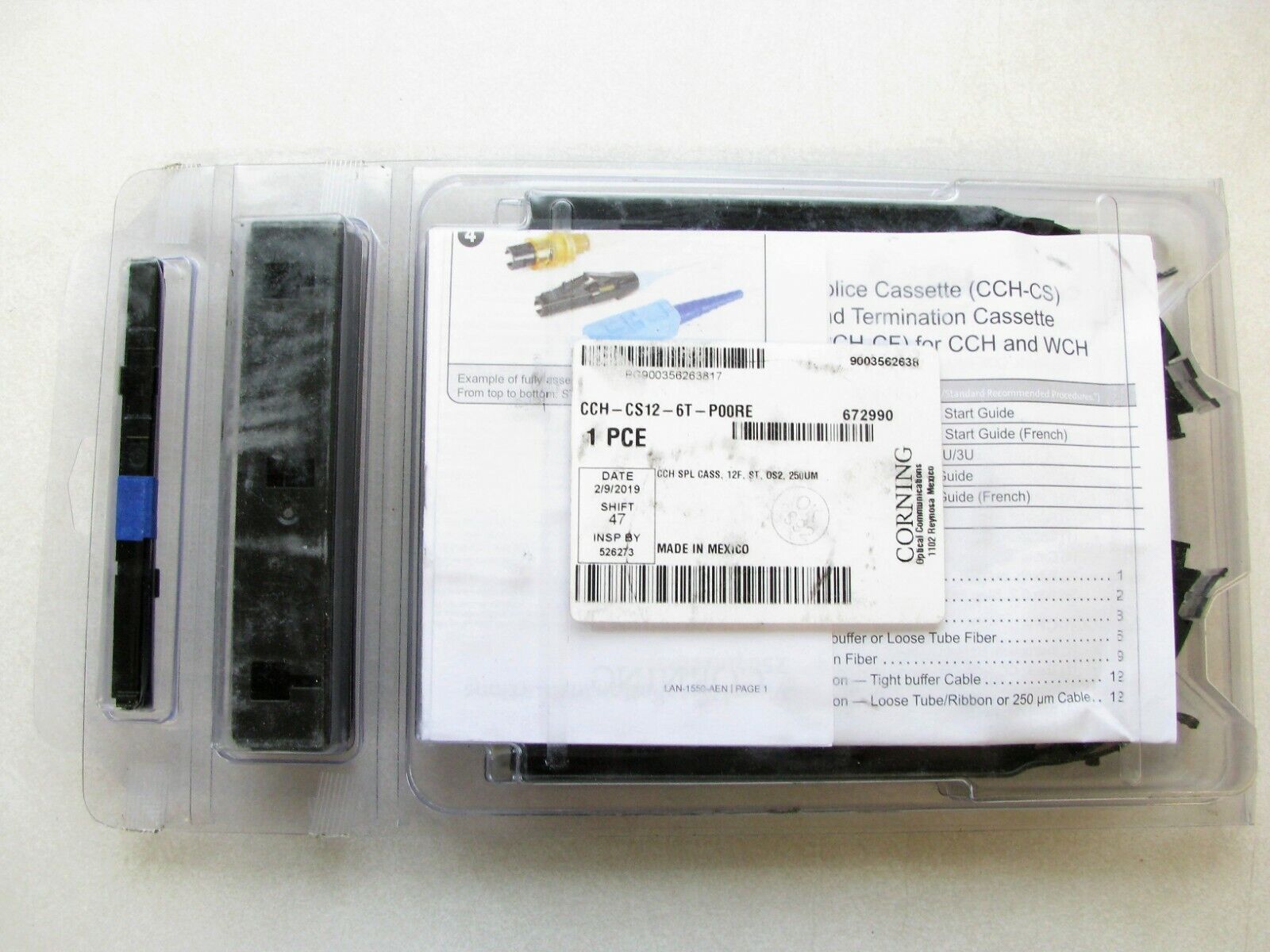 NOB Corning CCH-CS12-6T-P00RE Pigtail Splice Cassette 12F, ST Duplex SM, OS2 UPC