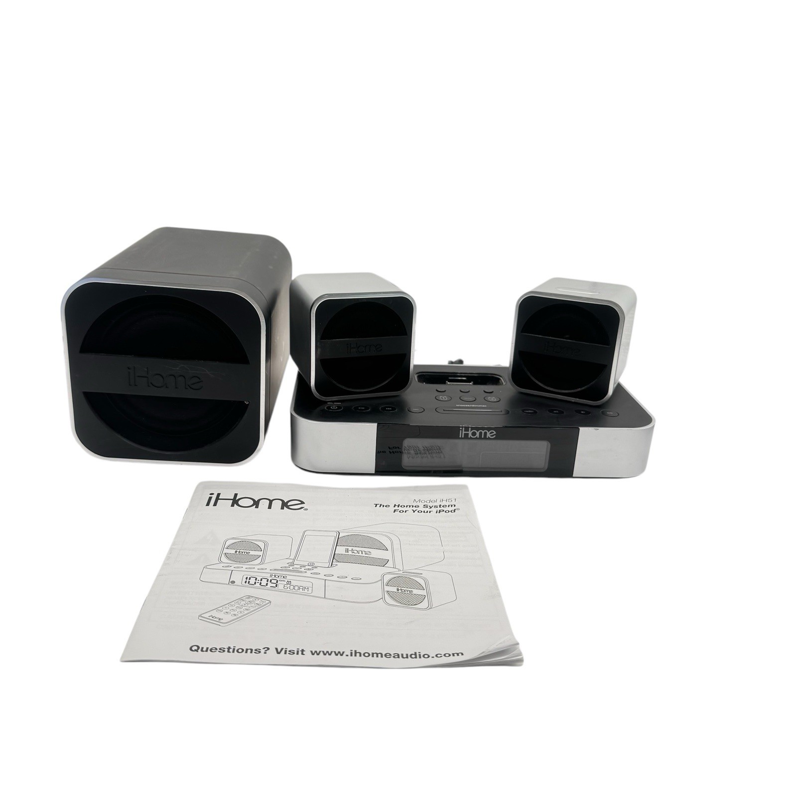 iHome iH51 2.1 Micro System with Dual Alarm Clock Radio for iPod (Silver) READ*