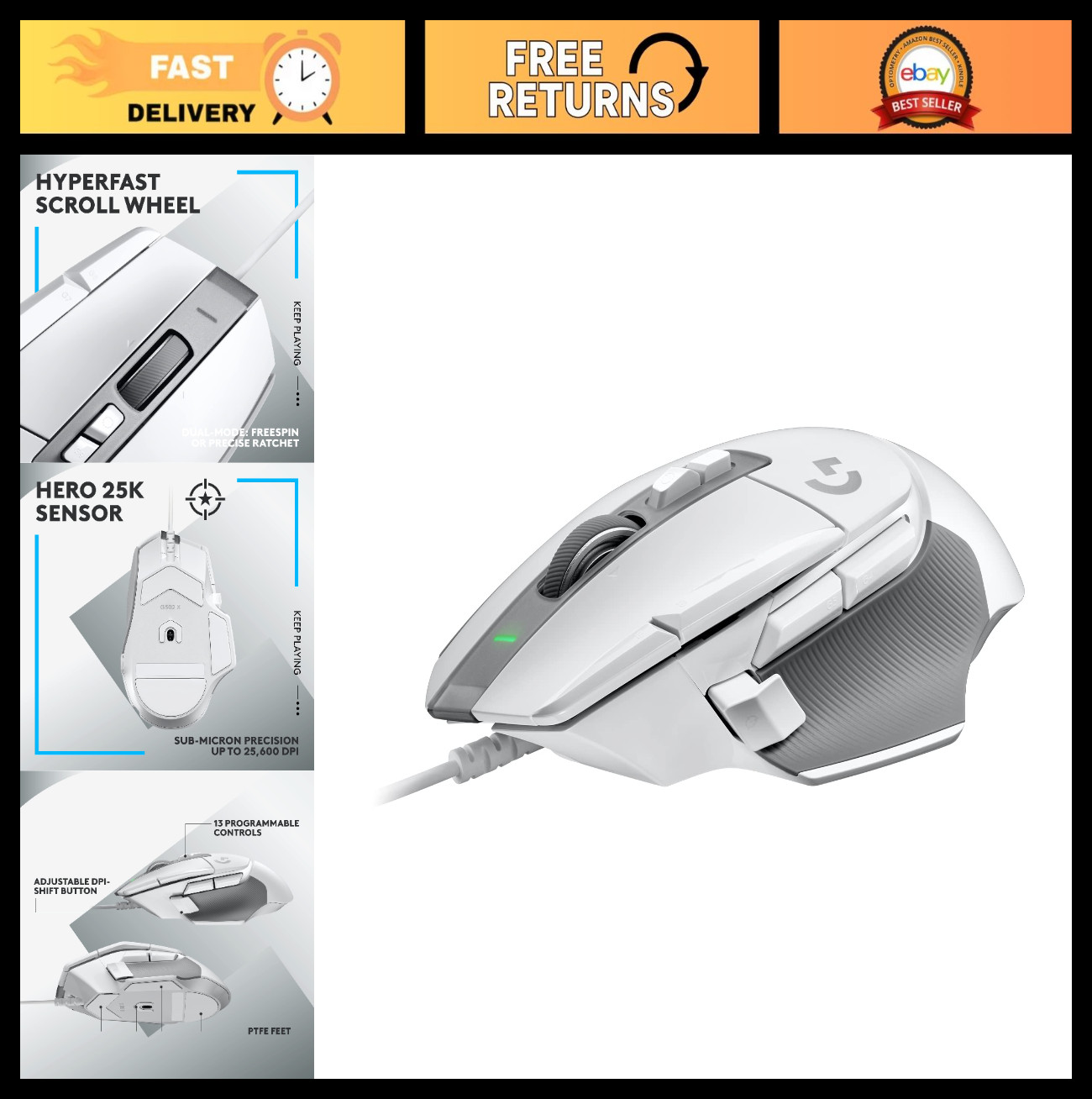 Wired Gaming Mouse - High Precision, RGB Lighting, Ergonomic Design - White