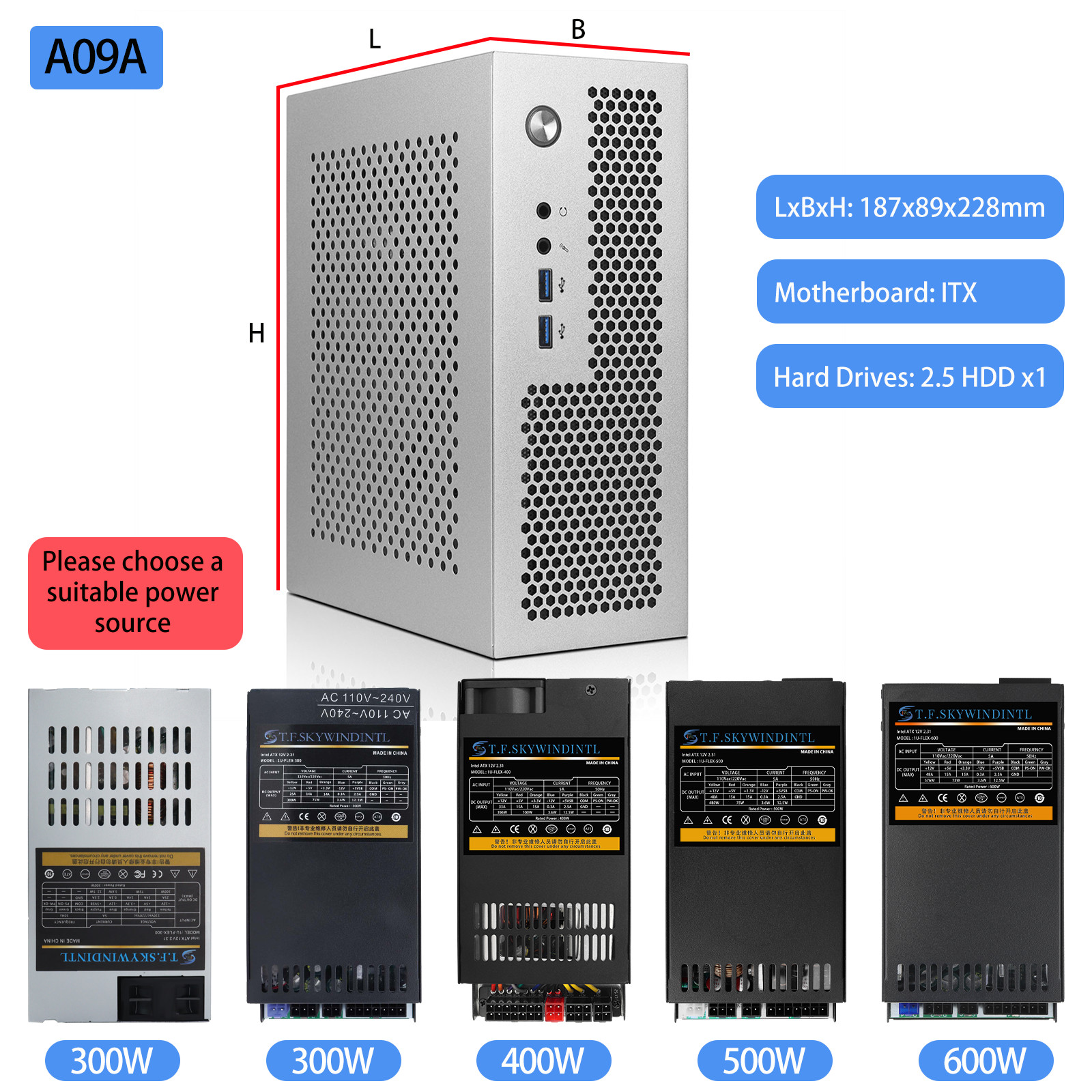 Mini ITX Computer Case with Small 1U PC Power Supply 300w/400w/500w/600w