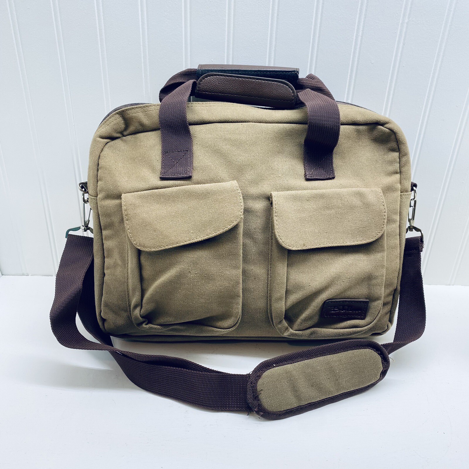 BELLA RUSSO Canvas Laptop Case Travel Bag Shoulder Strap Khaki