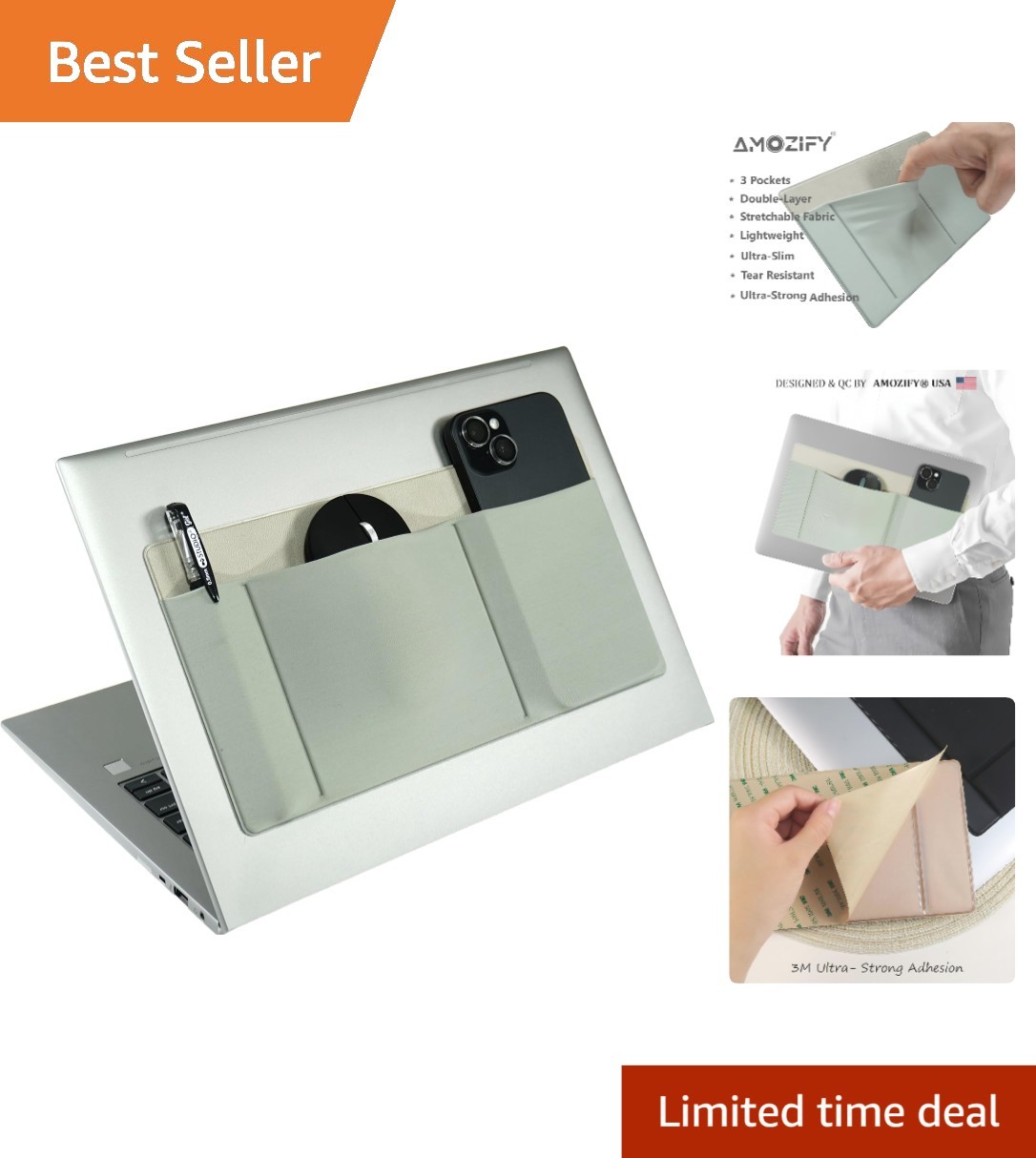 Feather-Light Stick-On Storage Sleeve - 3-Pocket Design for SSD & Accessories