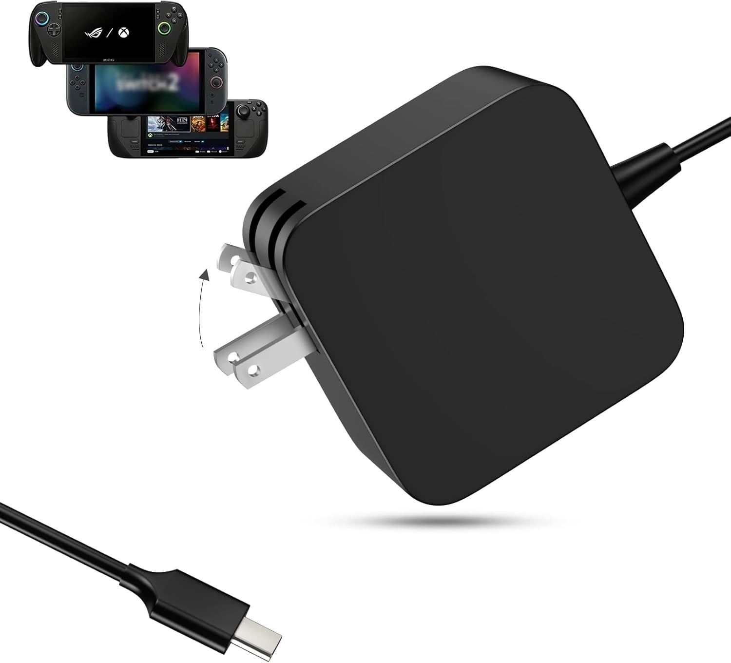 65W Foldable AC Charger for Steam Deck TV Dock&ROG Ally Nintendo Switch 2