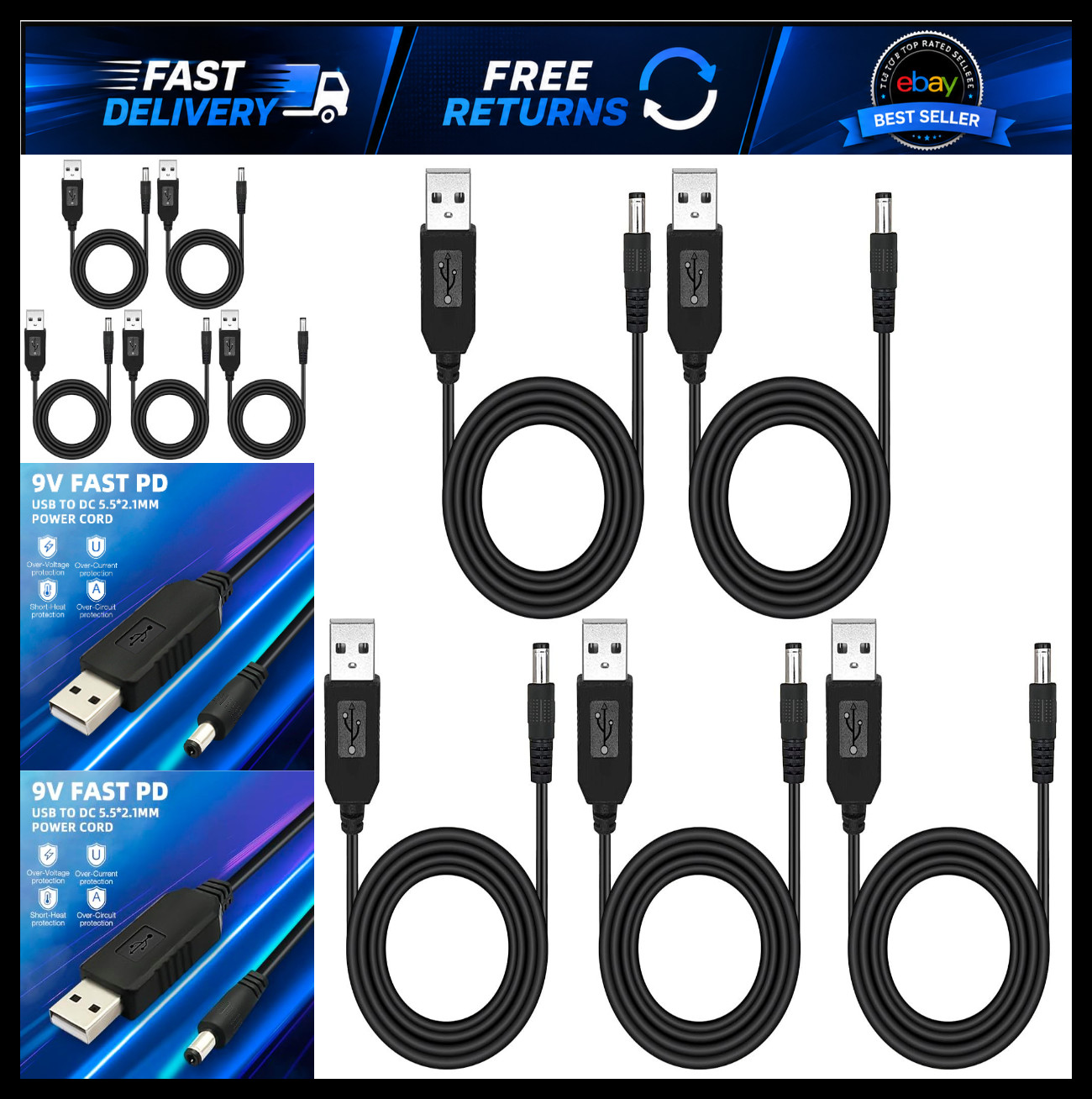 5PCS USB Power Supply Adapter Cable 5V to 9V DC Converter 5.5x2.1mm Jack 0.95m