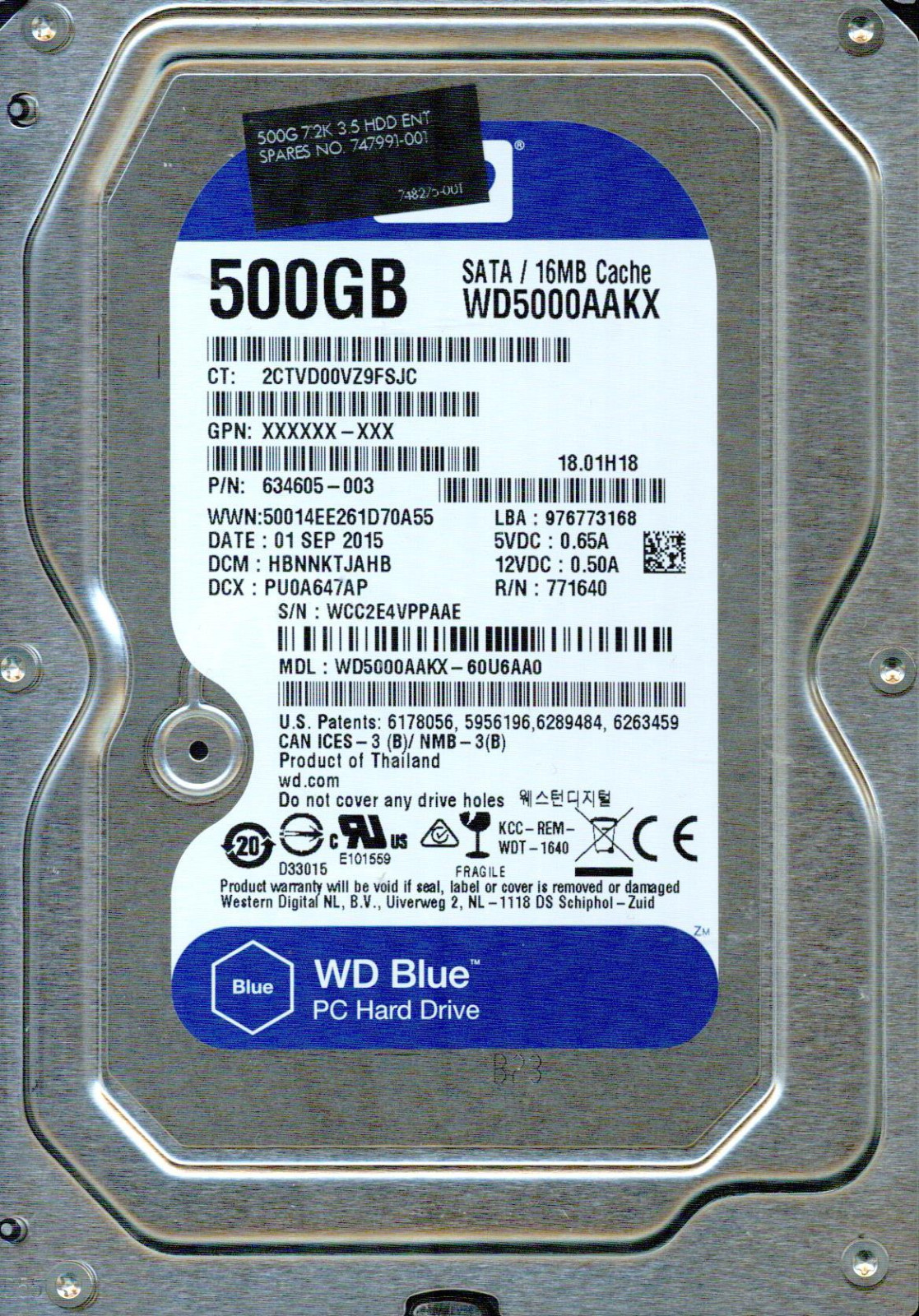 WD5000AAKX-60U6AA0,  DCM: HBNNKTJAHB   WESTERN DIGITAL SATA 500GB WCC2E
