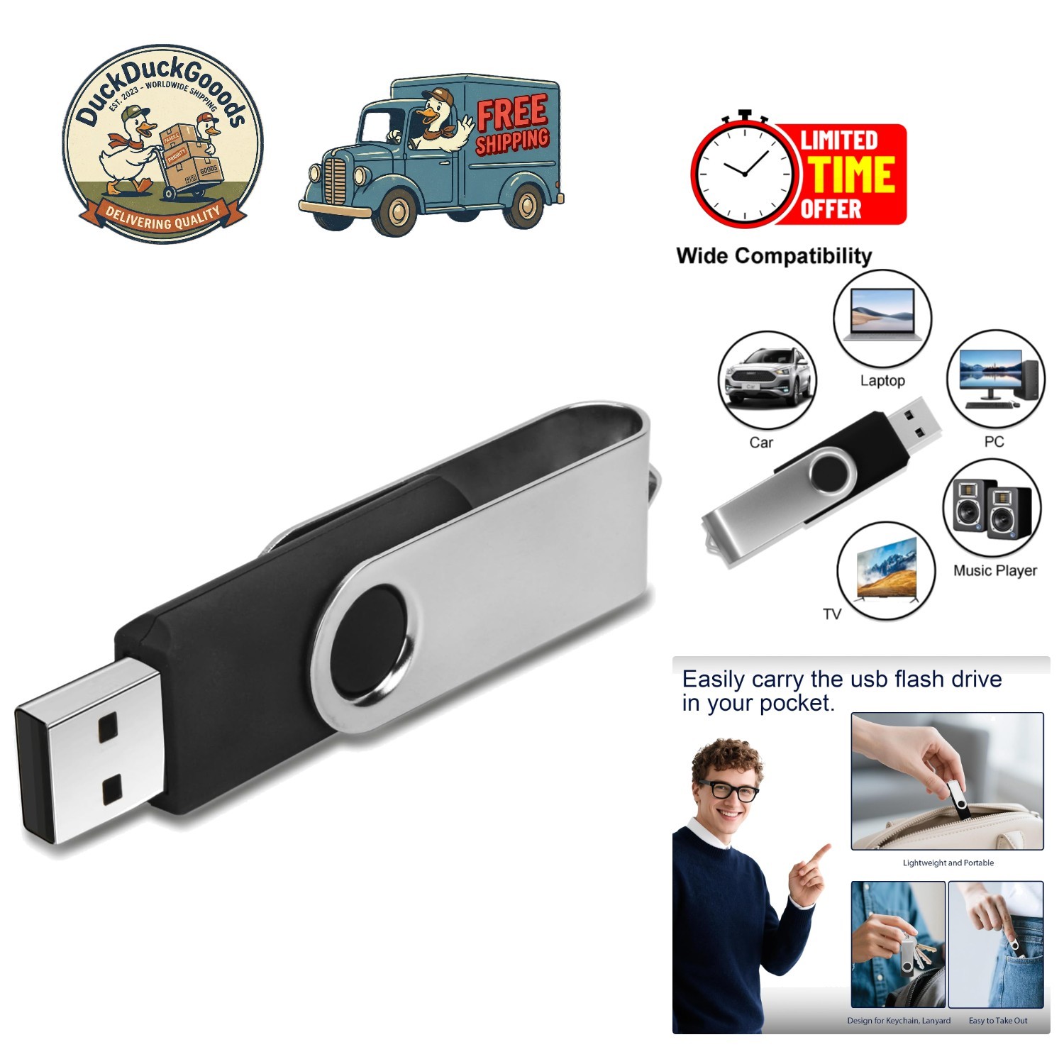 Sleek 16GB USB Flash Drive with Keychain - Perfect for Photos & Files