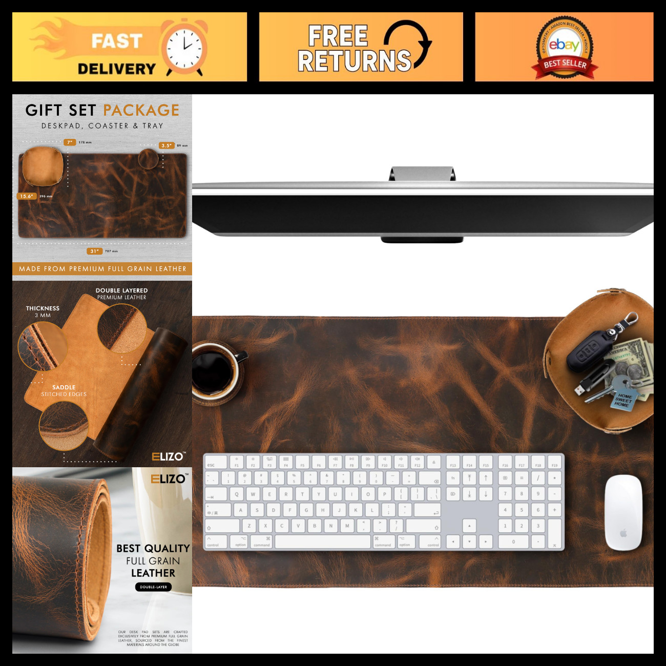 Large Real Leather Desk Pad - 2-Layer Blotter Mat for Keyboard & Mouse - Office