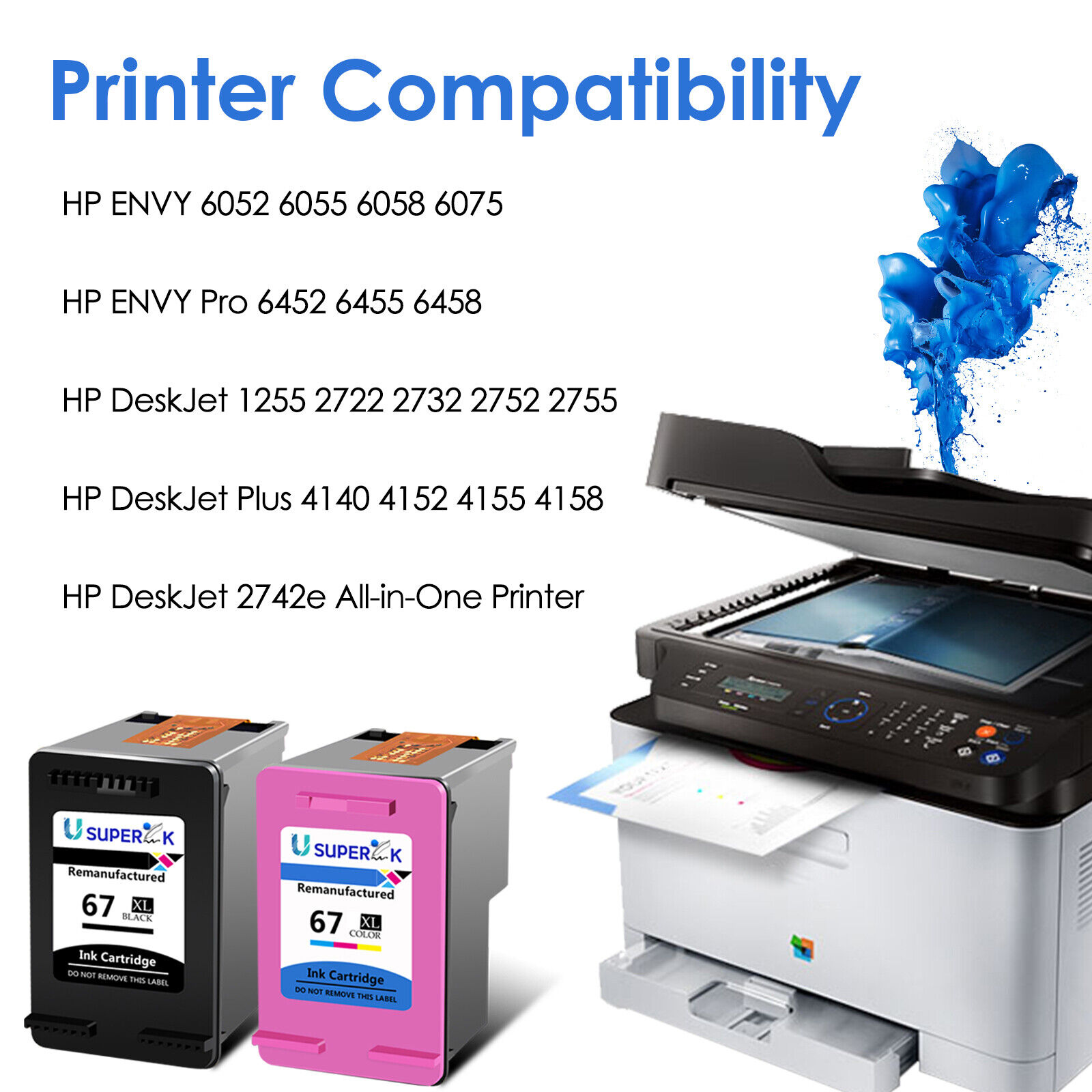 Compatible with HP 67XL 65XL 63XL 62XL 61XL 60XL Black & Tri-Color Ink Cartridge