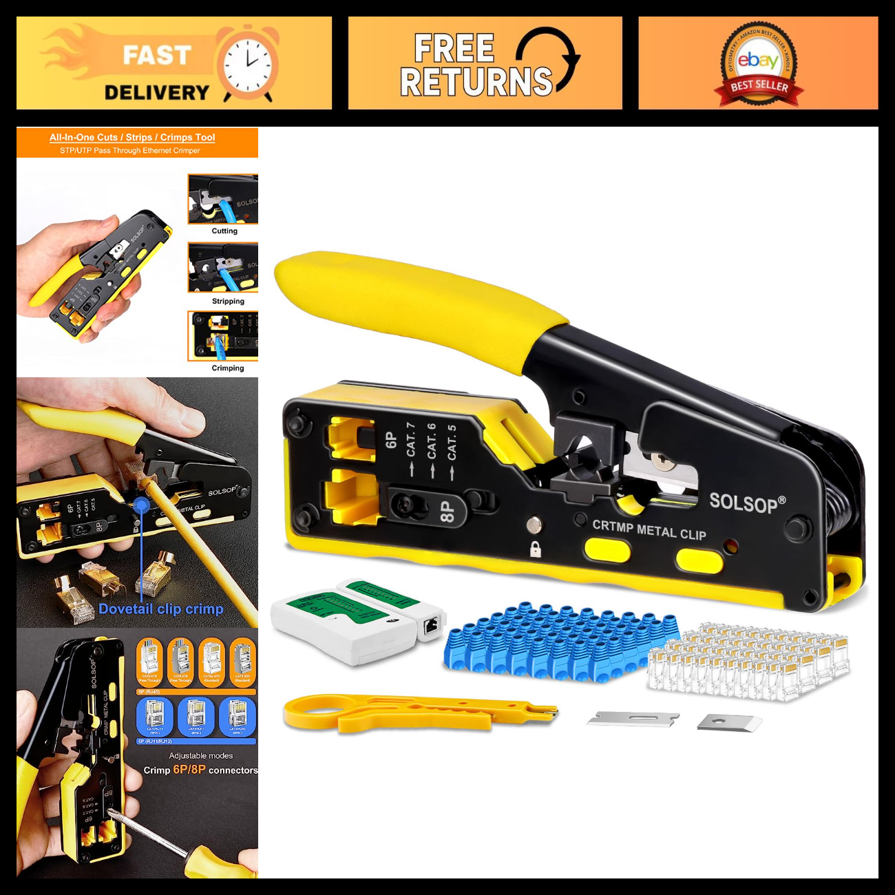 All-in-One Ethernet Crimp Tool Kit, Pass Through RJ45 Crimper, Network Cable Ins