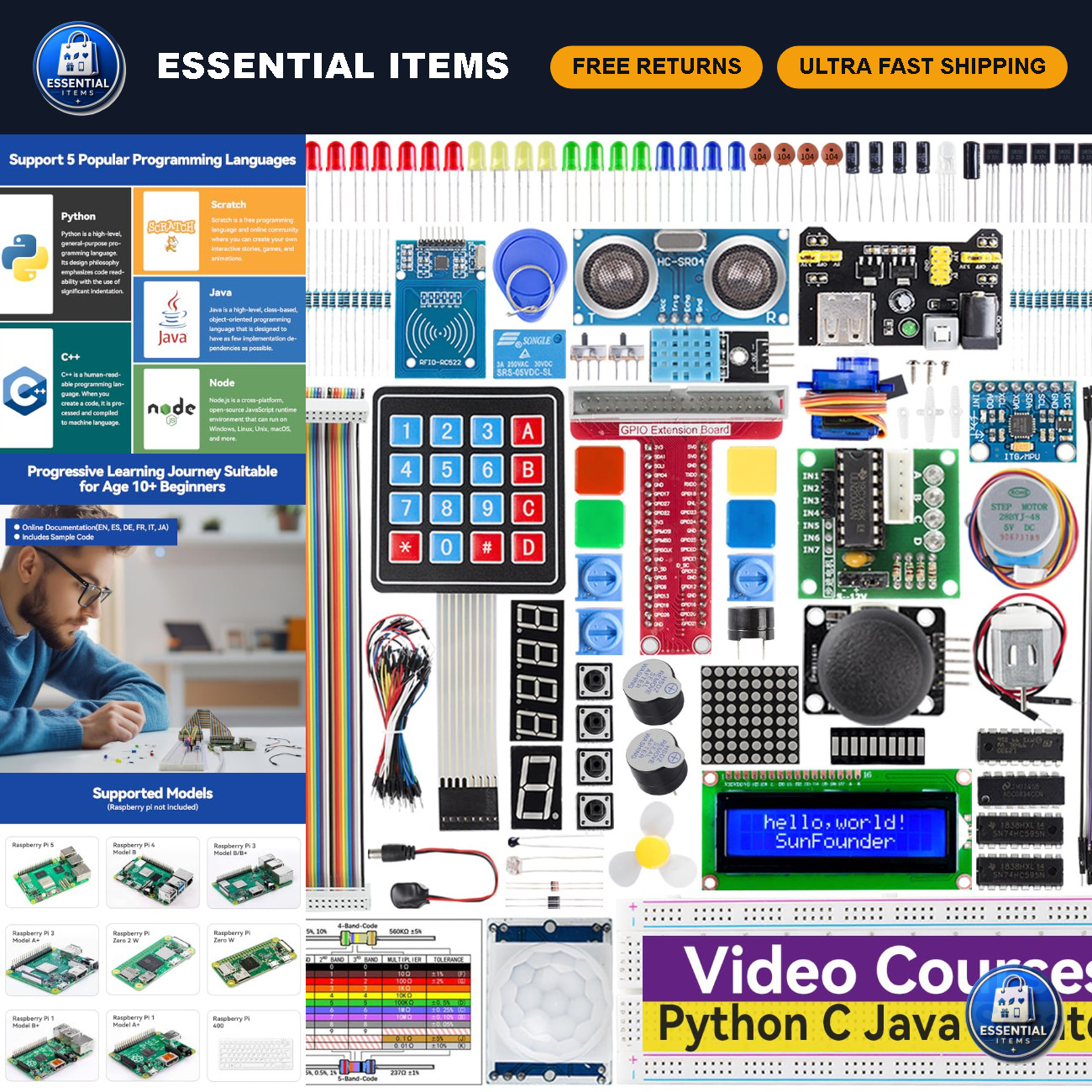 Raspberry Pi Starter Kit - Compatible with 5, 4B, 3B, B+, Zero 2 W, Python, Java