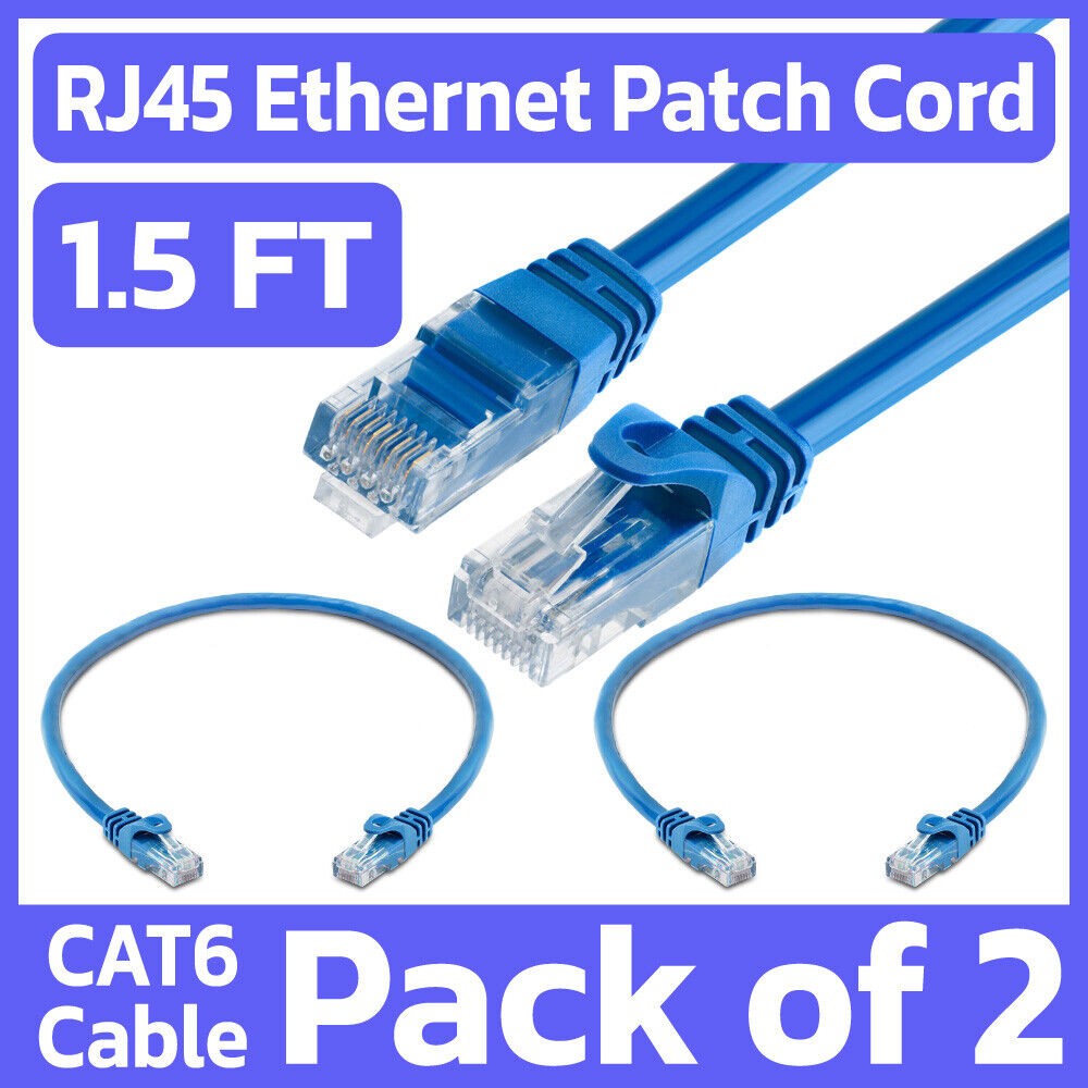 2 Pack 1.5FT Cat6 Patch Cord Blue RJ45 LAN Network Cable Internet Ethernet Cord