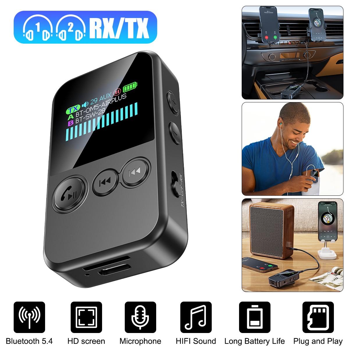 3-in-1 Bluetooth 5.4 Adapter Wireless Receiver Transmitter MP3 Player 3.5mm Aux
