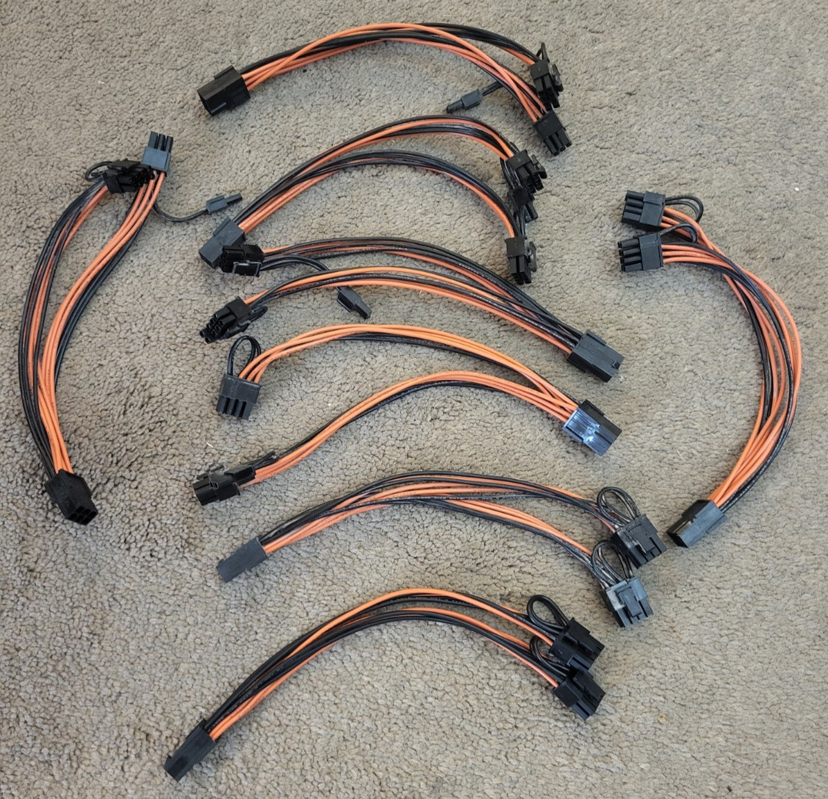 8 pin to Dual 6+2 pin PCIe Power Cable 9" Splitter Lot of 8 Orange Black 18AWG