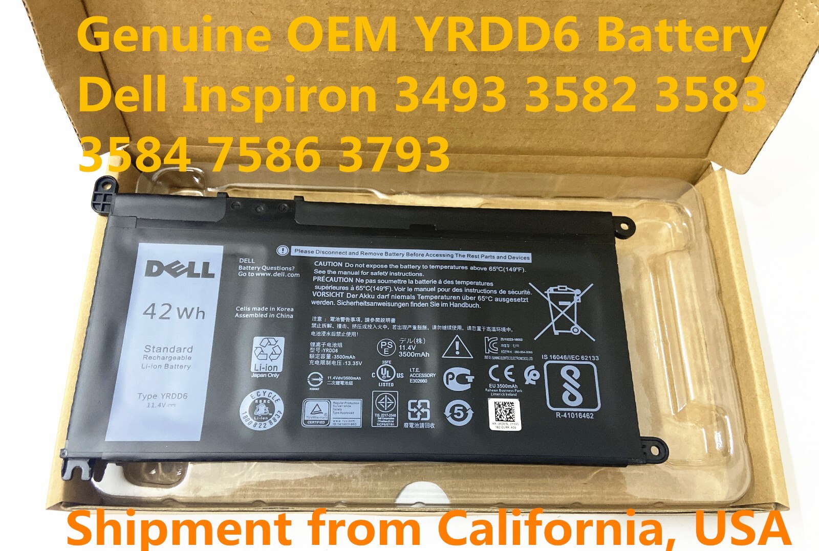 Genuine YRDD6 Battery Inspiron 5591 7586 5491 5481 5482 5485 3310 2-in-1 15 3582